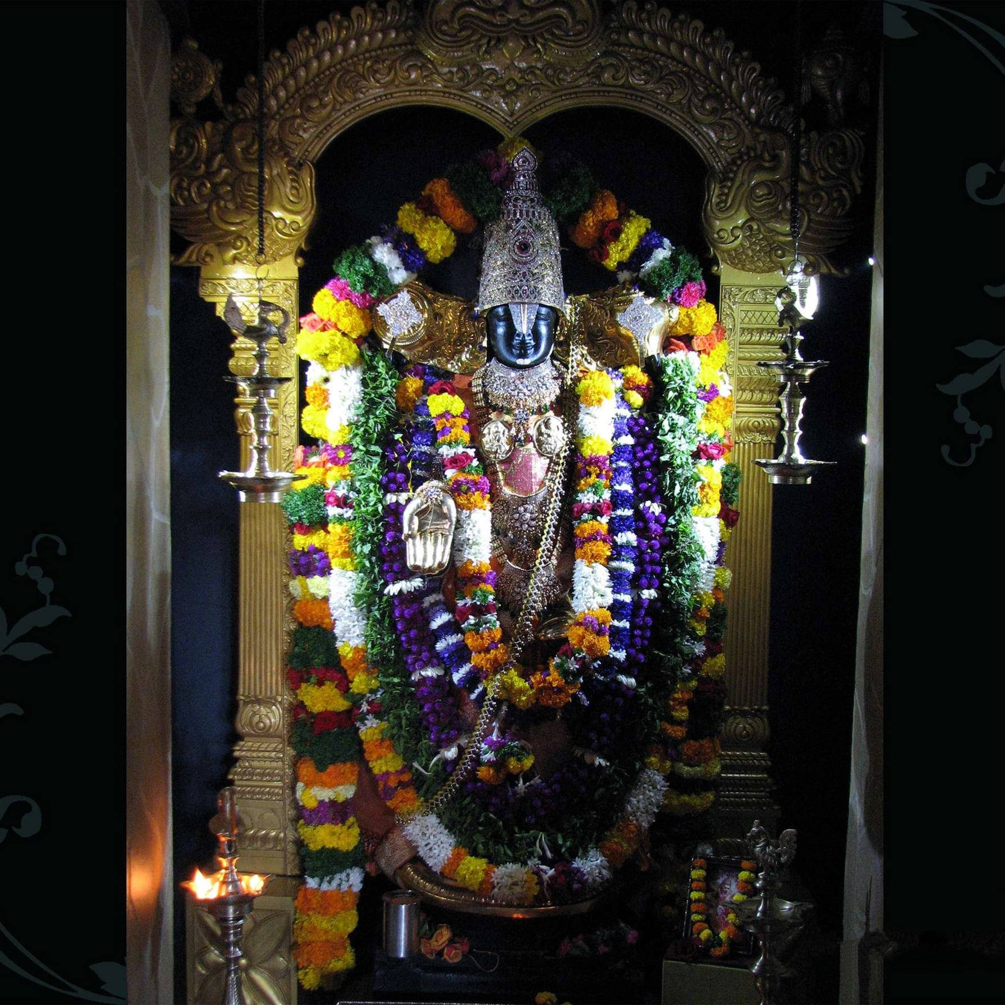 Venkateswara Swamy, golden arch altar, radiant blue-skinned deity, Full HD Desktop Wallpaper