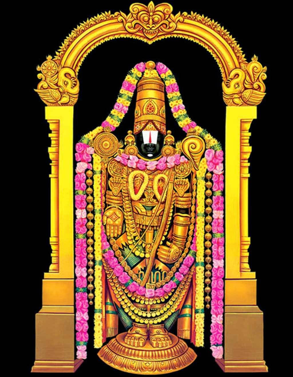 Venkateswara Swamy, golden Hindu deity statue, vibrant pink and yellow floral garlands, HD Phone Wallpaper