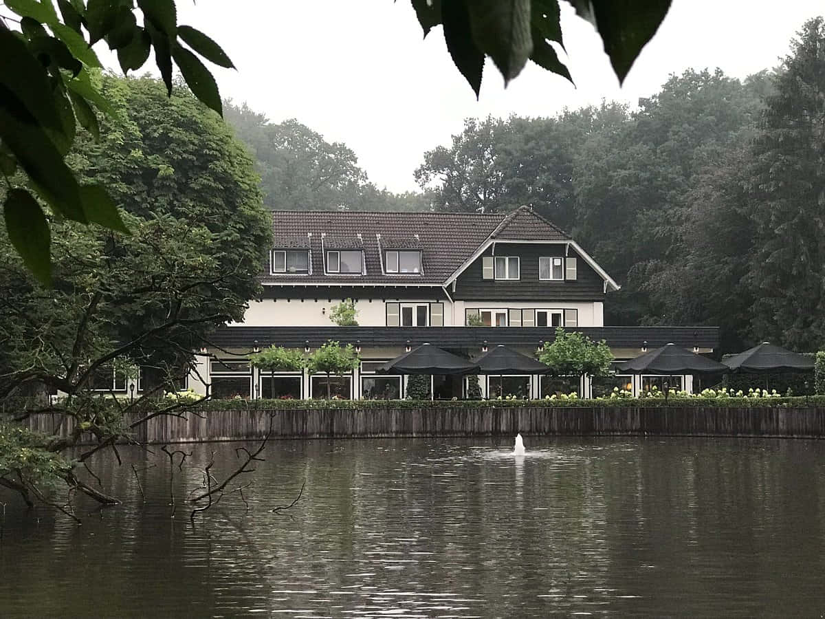 Venlo, tranquil lakefront restaurant, black and white architecture, SD Desktop Wallpaper