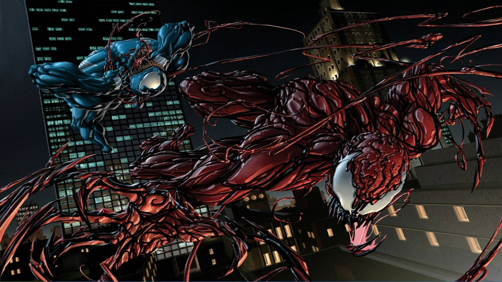 Venom Carnage, symbiotes, nighttime cityscape, Full HD Desktop Wallpaper