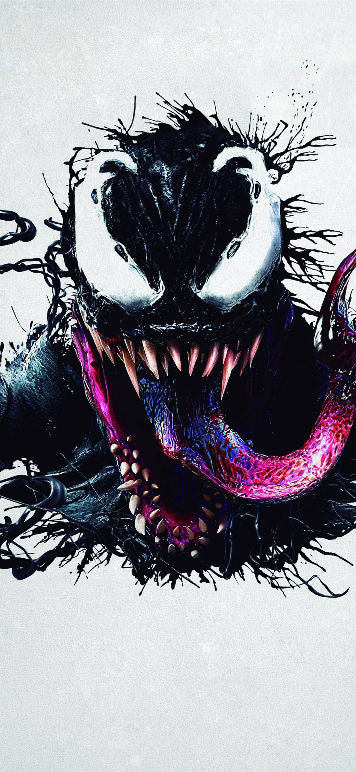 Venom, glowing white eyes, vibrant pink tongue, 2K Phone Wallpaper