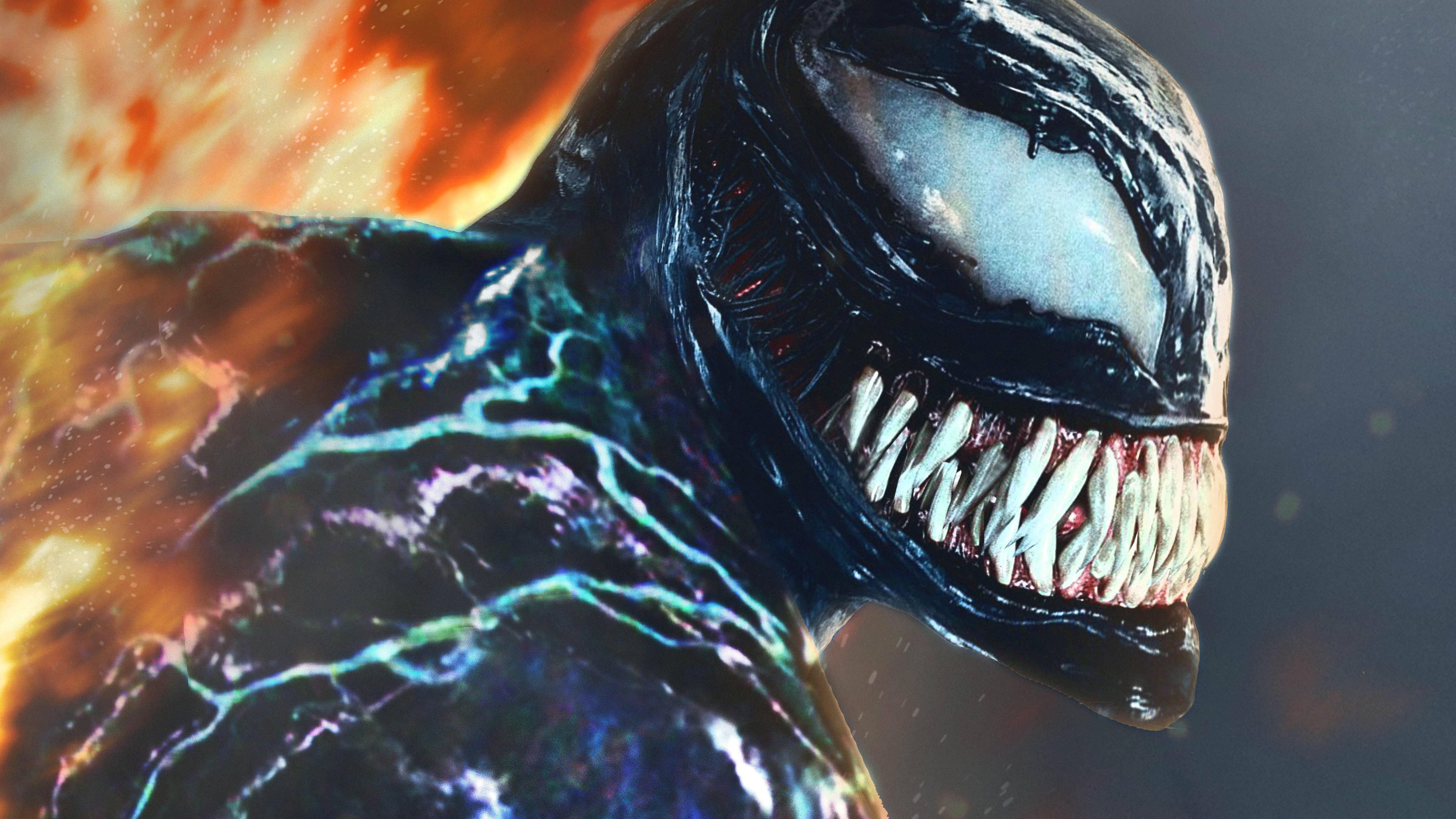 Venom, white jagged teeth, electric veins, 5K Desktop Wallpaper