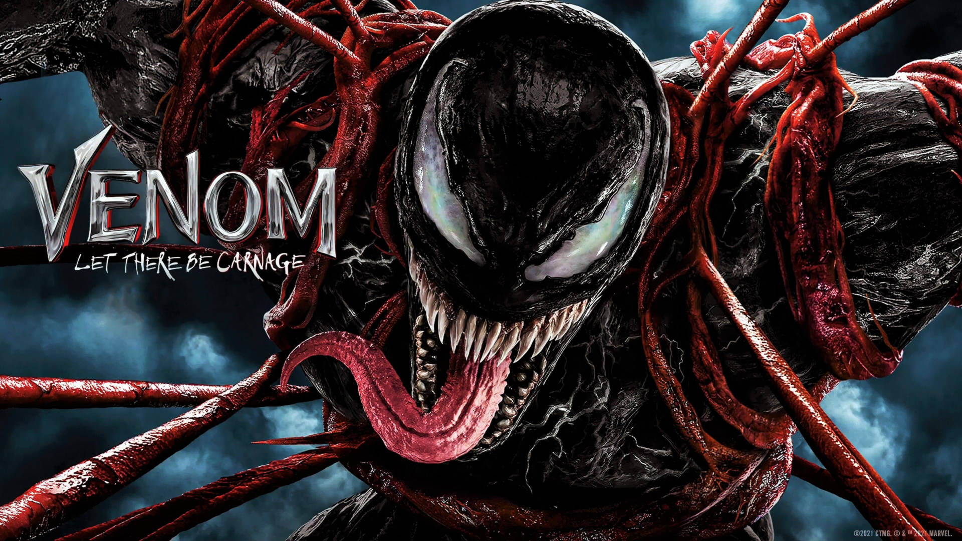 Venom Let There Be Carnage, chromed, glowing white eyes, Full HD Desktop Wallpaper