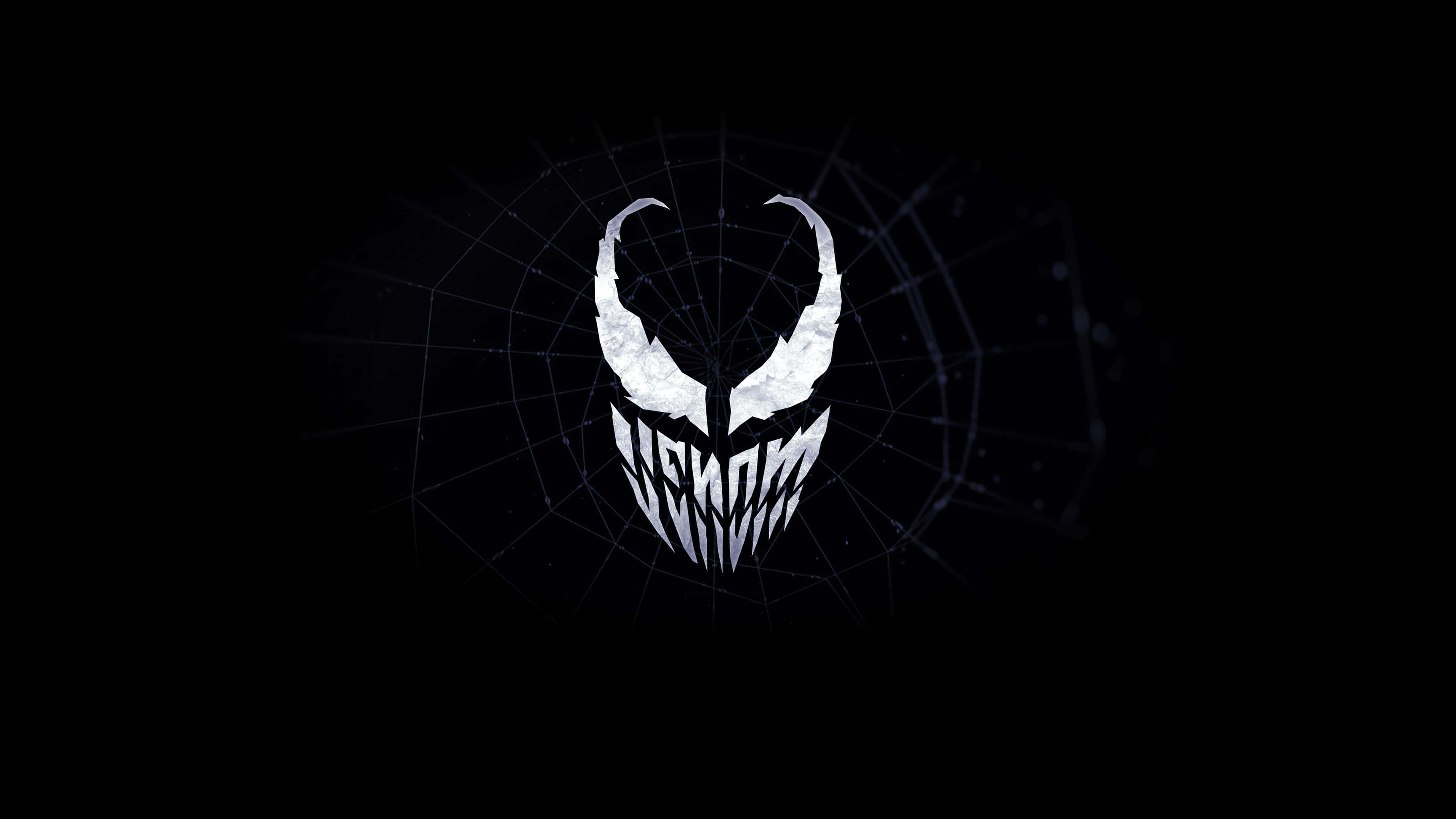 Venom logo, glowing white, sharp teeth, 4K Desktop Wallpaper