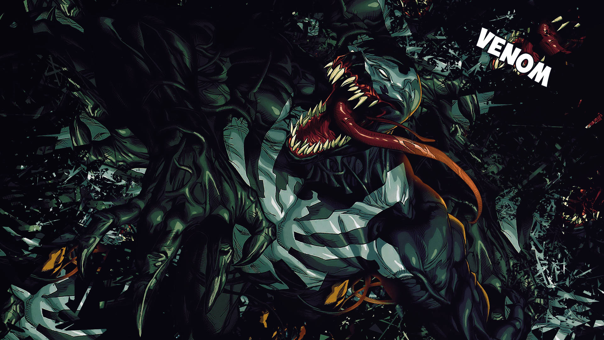 Venom, red tongue, shattered debris, Full HD Desktop Wallpaper