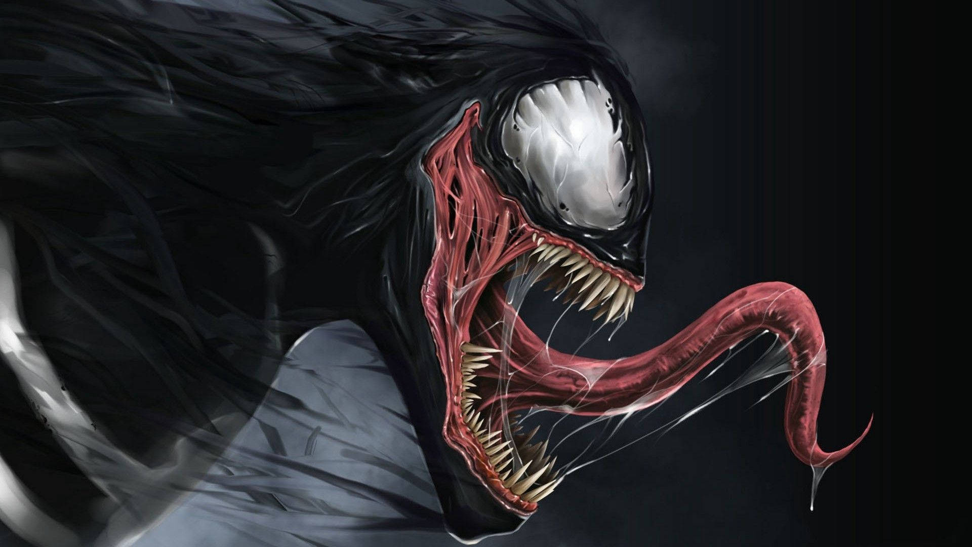 Venom Movie, glowing white eyes, sharp teeth, Full HD Desktop Wallpaper