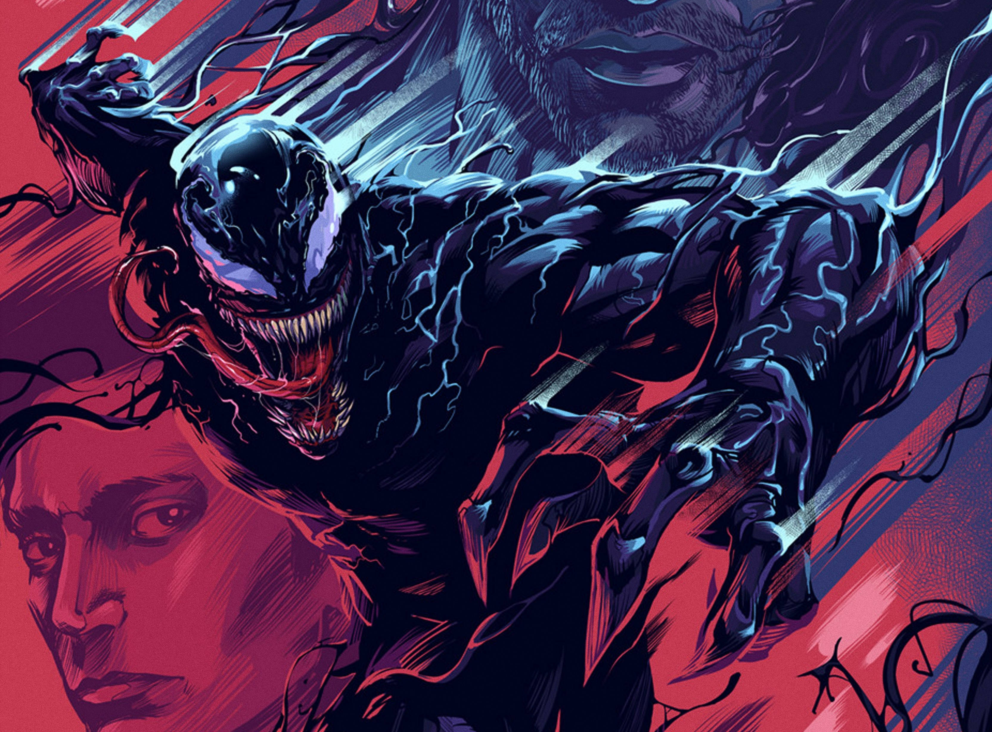 Venom Movie, glowing blue veins, red background, 2K Desktop Wallpaper