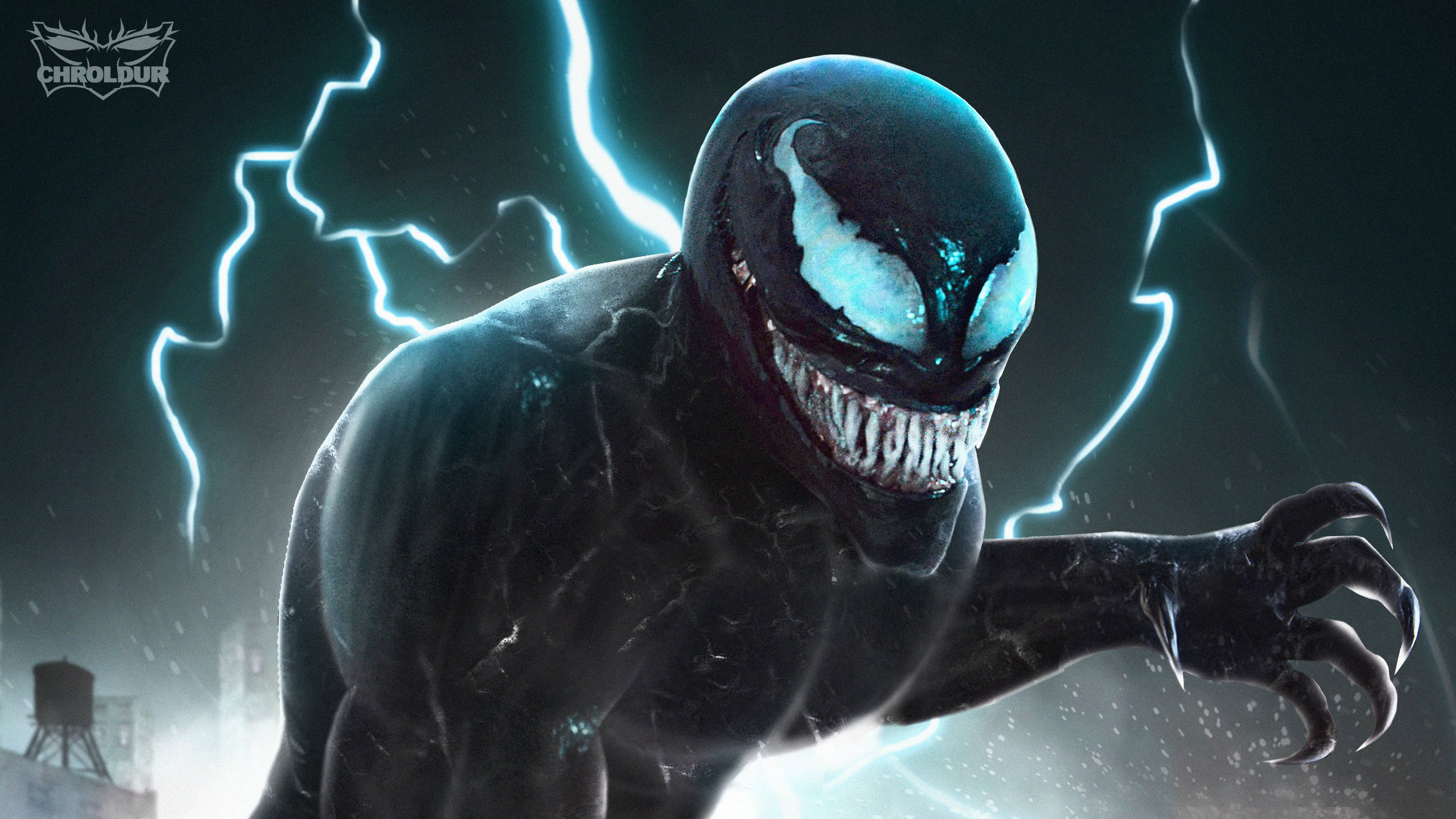 Venom, glowing blue eyes, lightning crackling, 2K Desktop Wallpaper