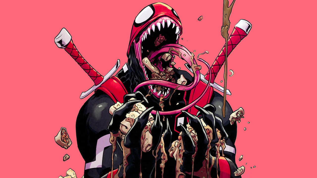 Venomized, red and black symbiote creature, sharp teeth and claws, HD Desktop Wallpaper