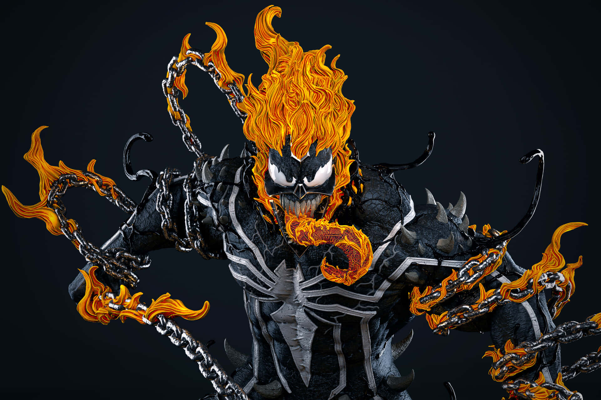 Venomized, symbiote creature, fiery orange hair, Full HD Desktop Wallpaper