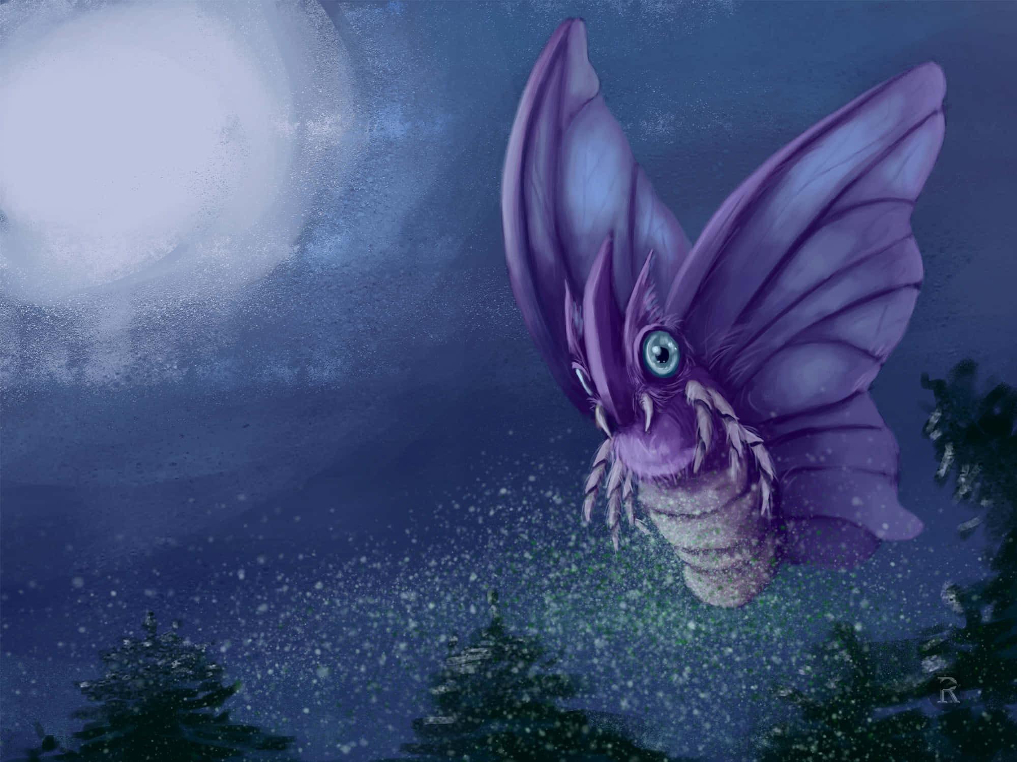 Venomoth, full moon, snowy forest, Full HD Desktop Wallpaper