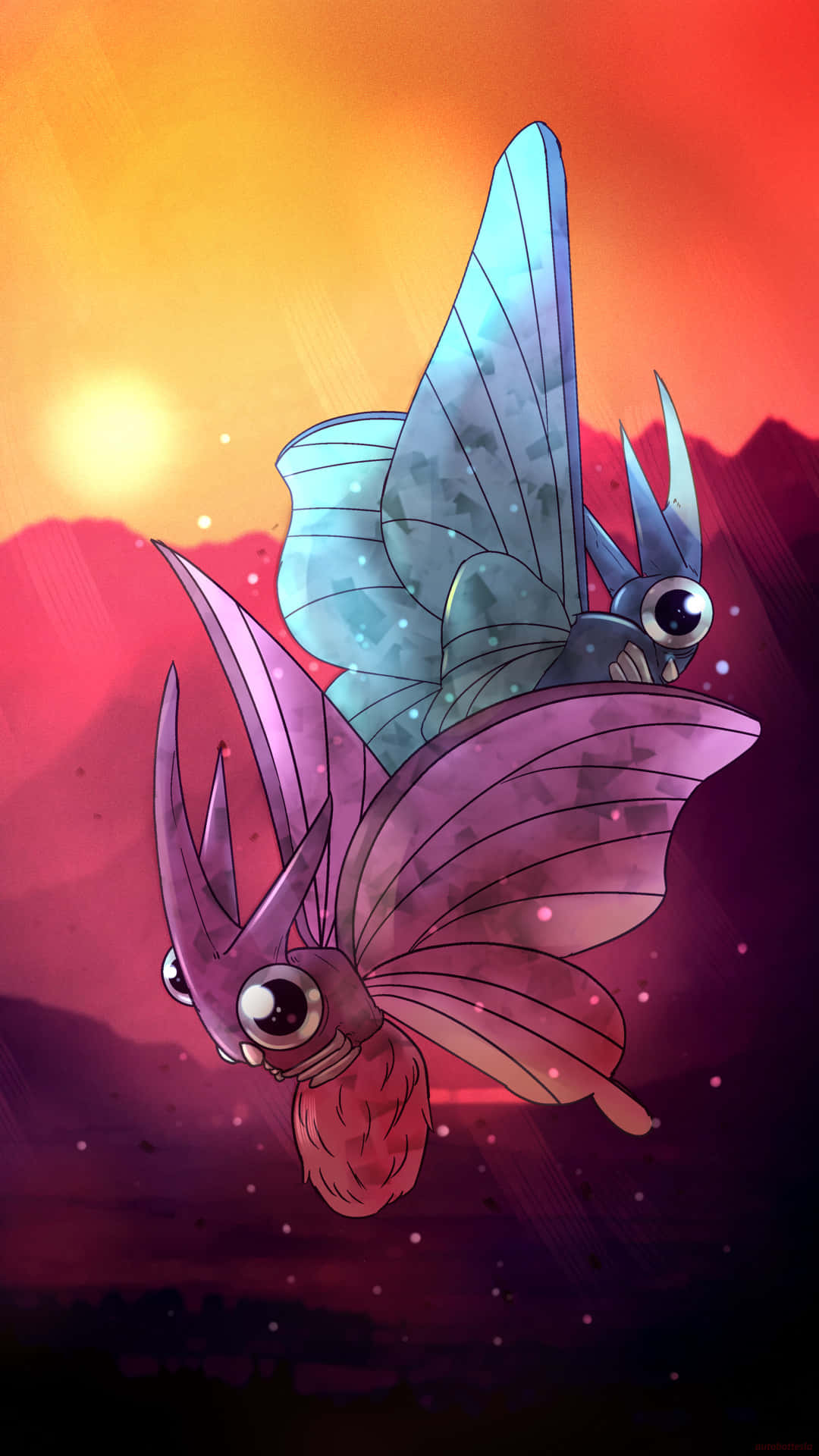Venomoth, sunset sky, fiery sunset, Full HD Phone Wallpaper