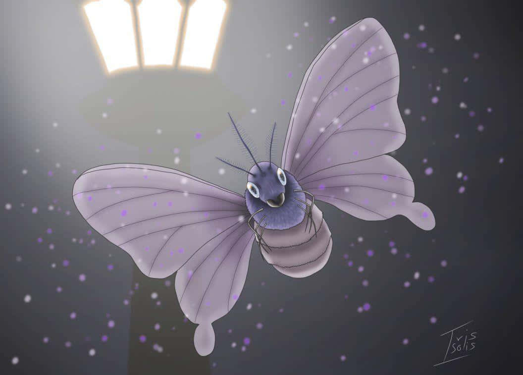 Venomoth, glowing streetlamp, dark speckled sky, SD Desktop Wallpaper