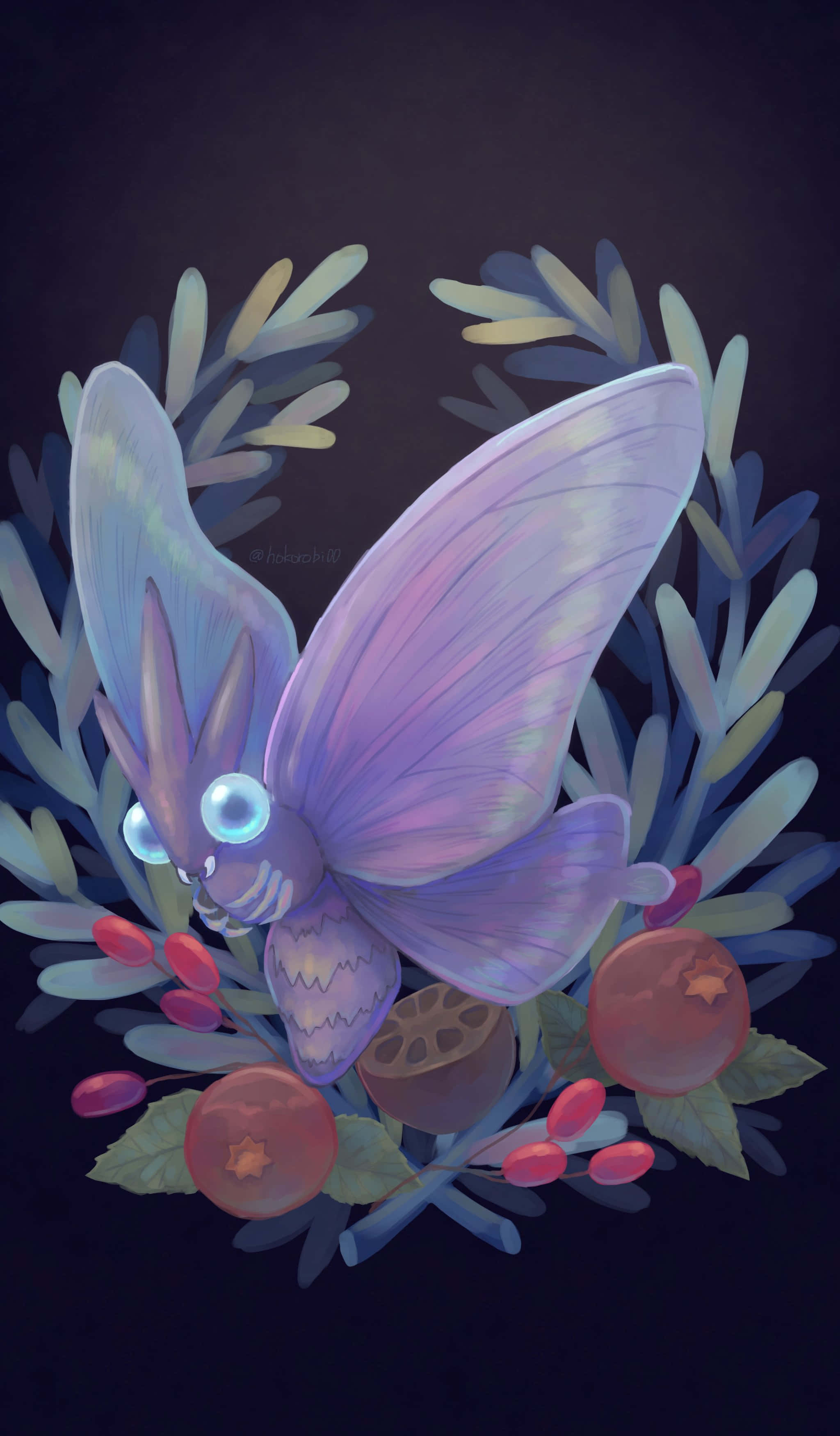 Venomoth, purple butterfly, glowing blue eyes, 2K Phone Wallpaper
