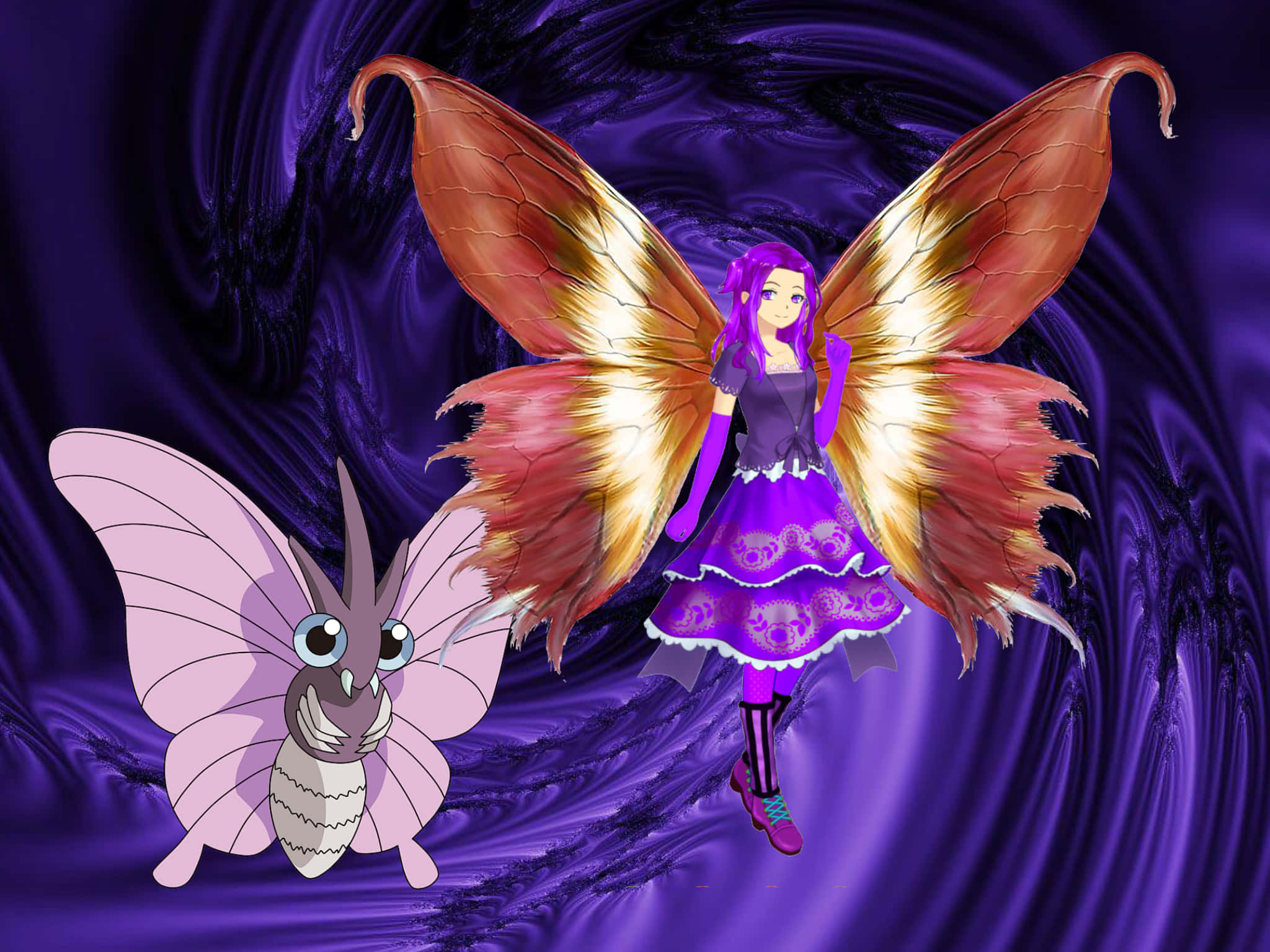 Venomoth, purple-haired anime girl, glowing orange wings, Full HD Desktop Wallpaper
