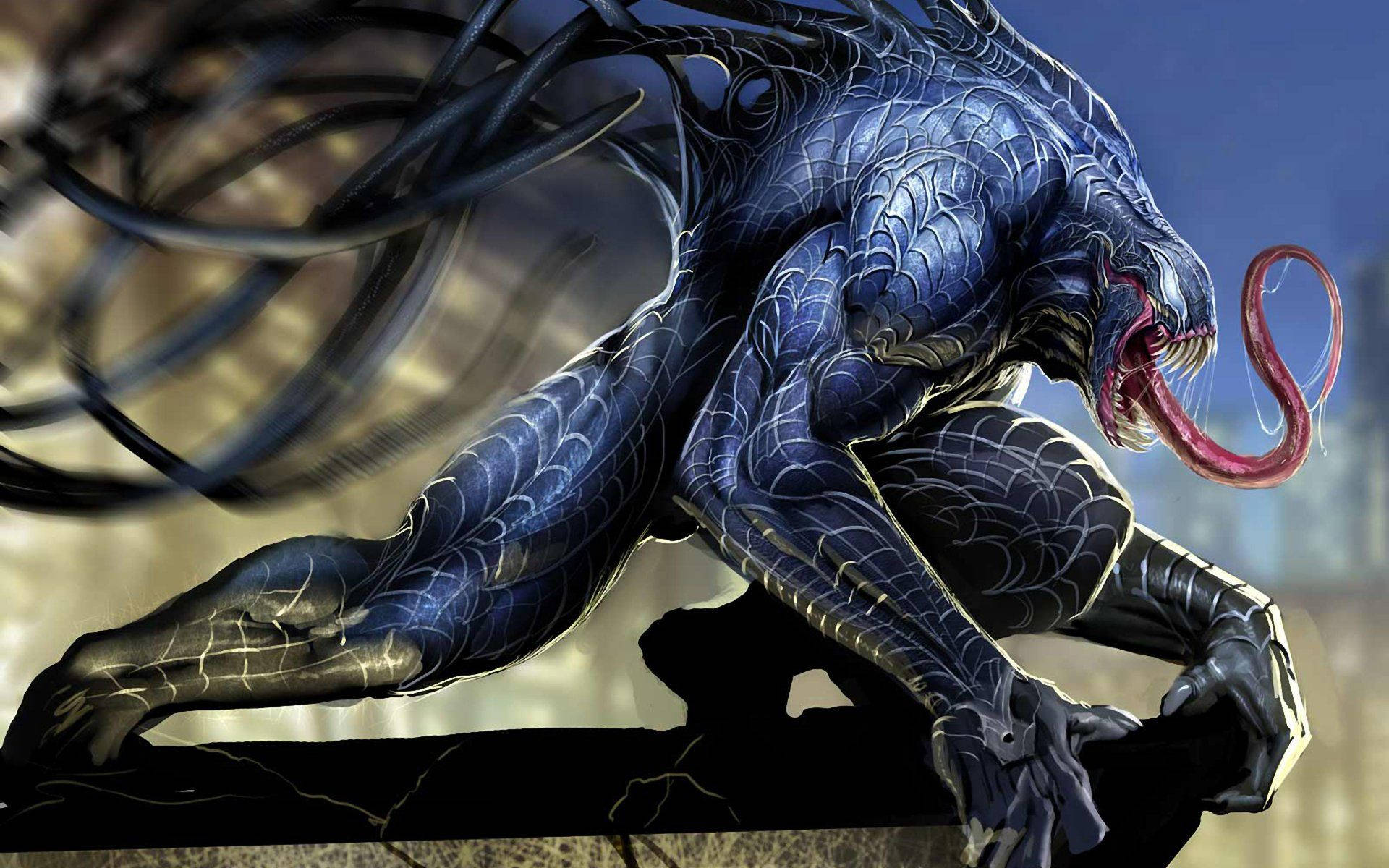 angry alien symbiote venom, blue symbiote, red tongue, Full HD Desktop Wallpaper