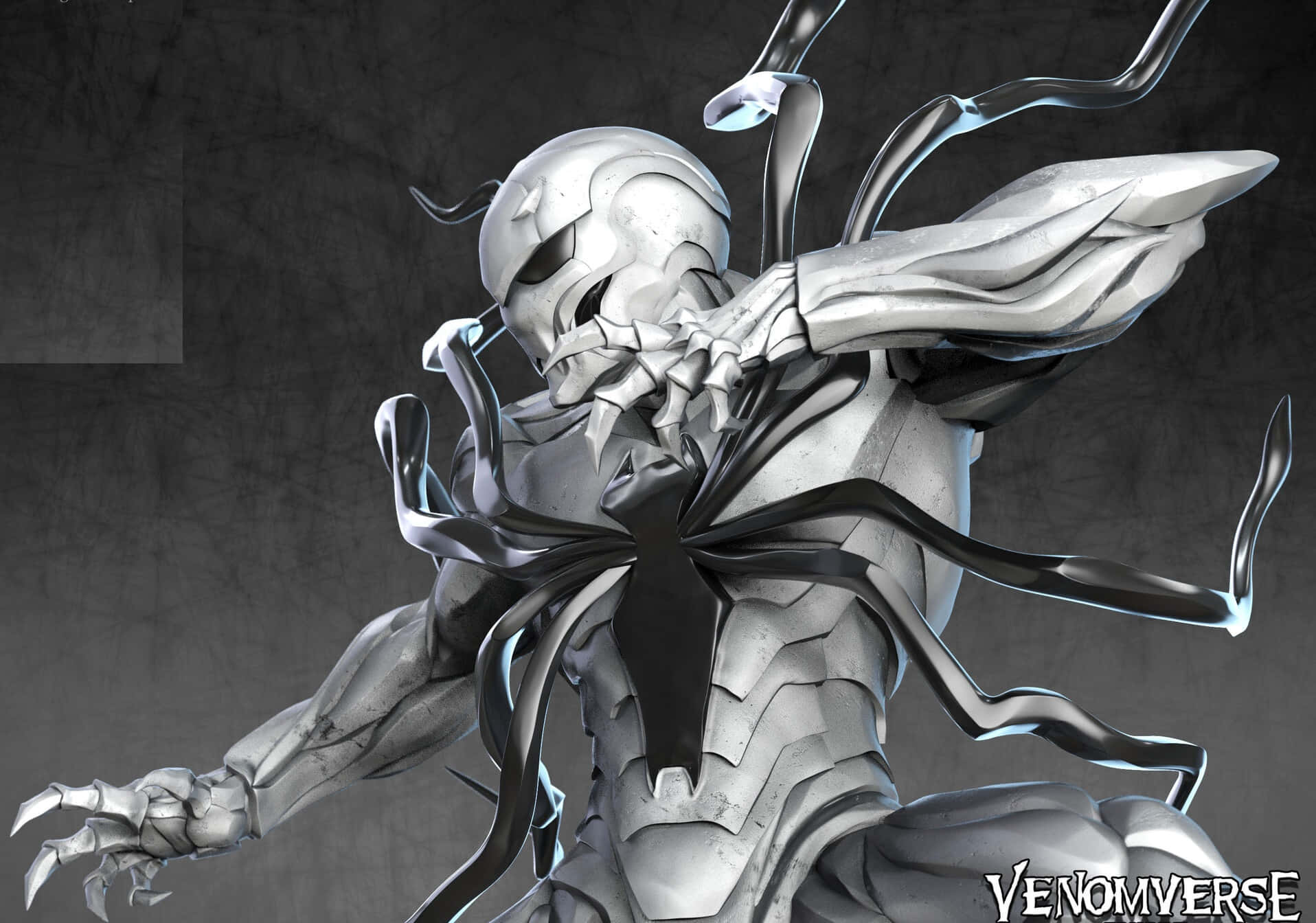 Venomverse, silver-armored symbiote creature, black tendrils, HD Desktop Wallpaper