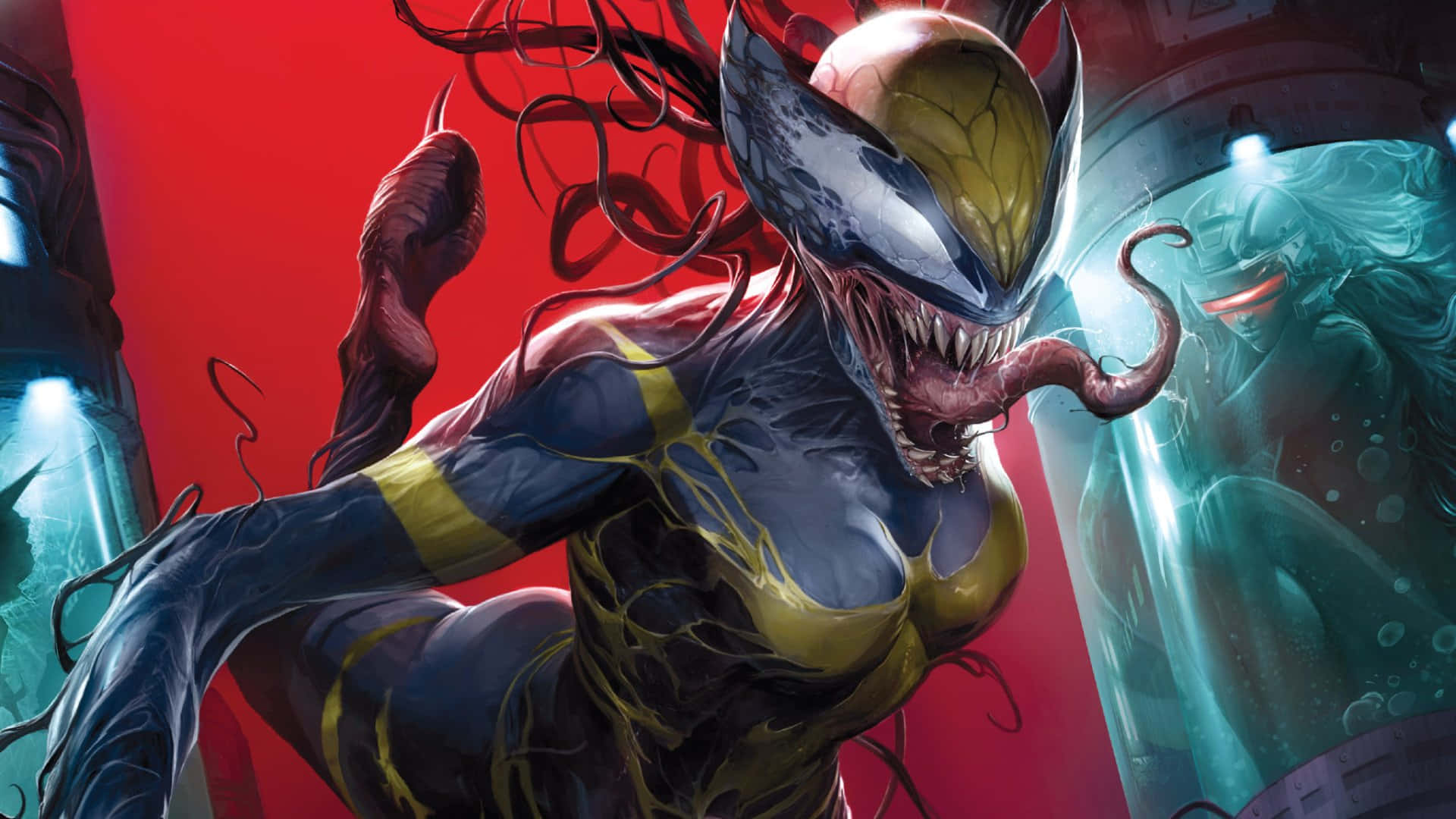 Venomverse, black and yellow symbiote suit, fierce female Venom character, Full HD Desktop Wallpaper