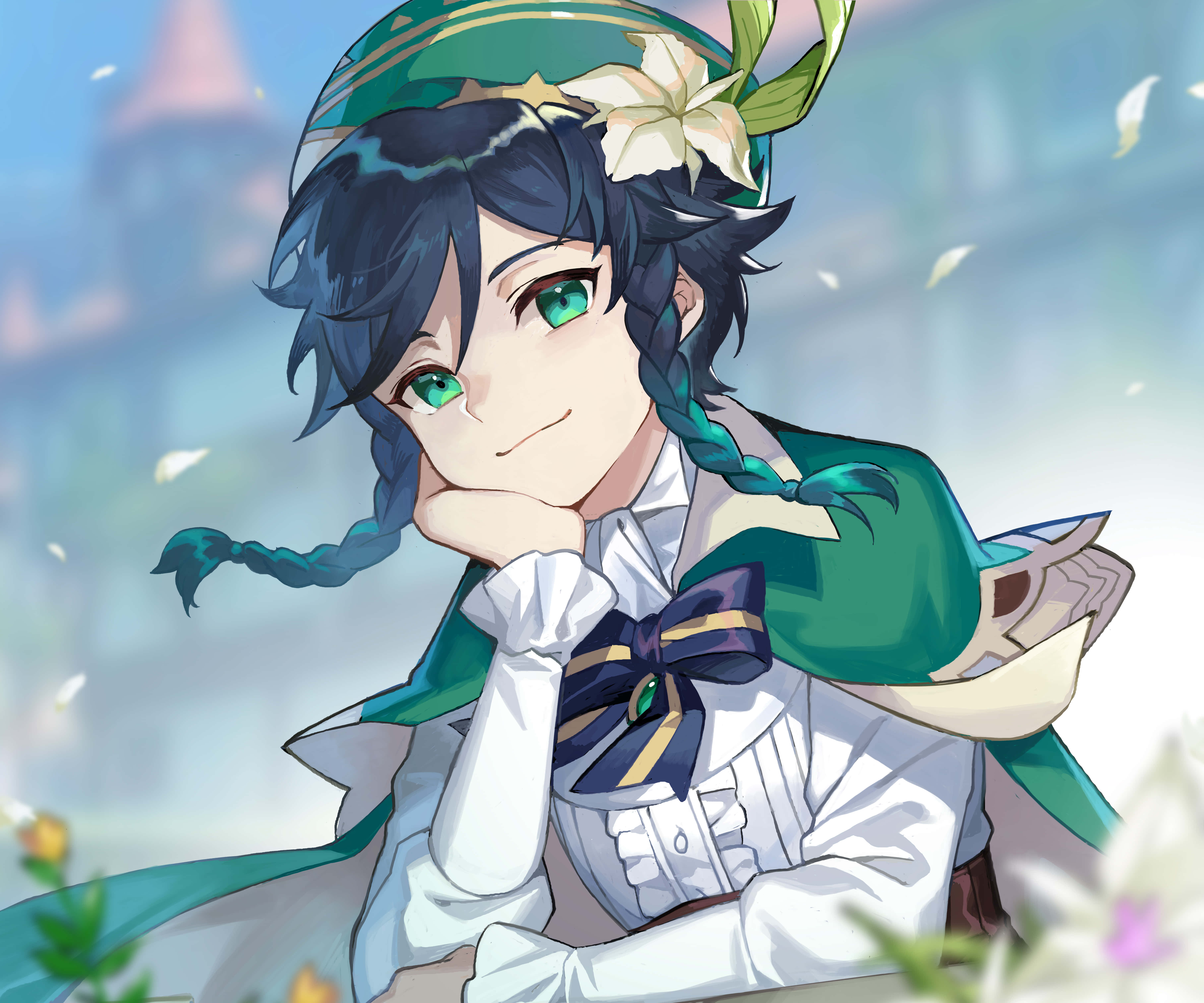 Venti, green eyes, braided dark hair, 5K Desktop Wallpaper