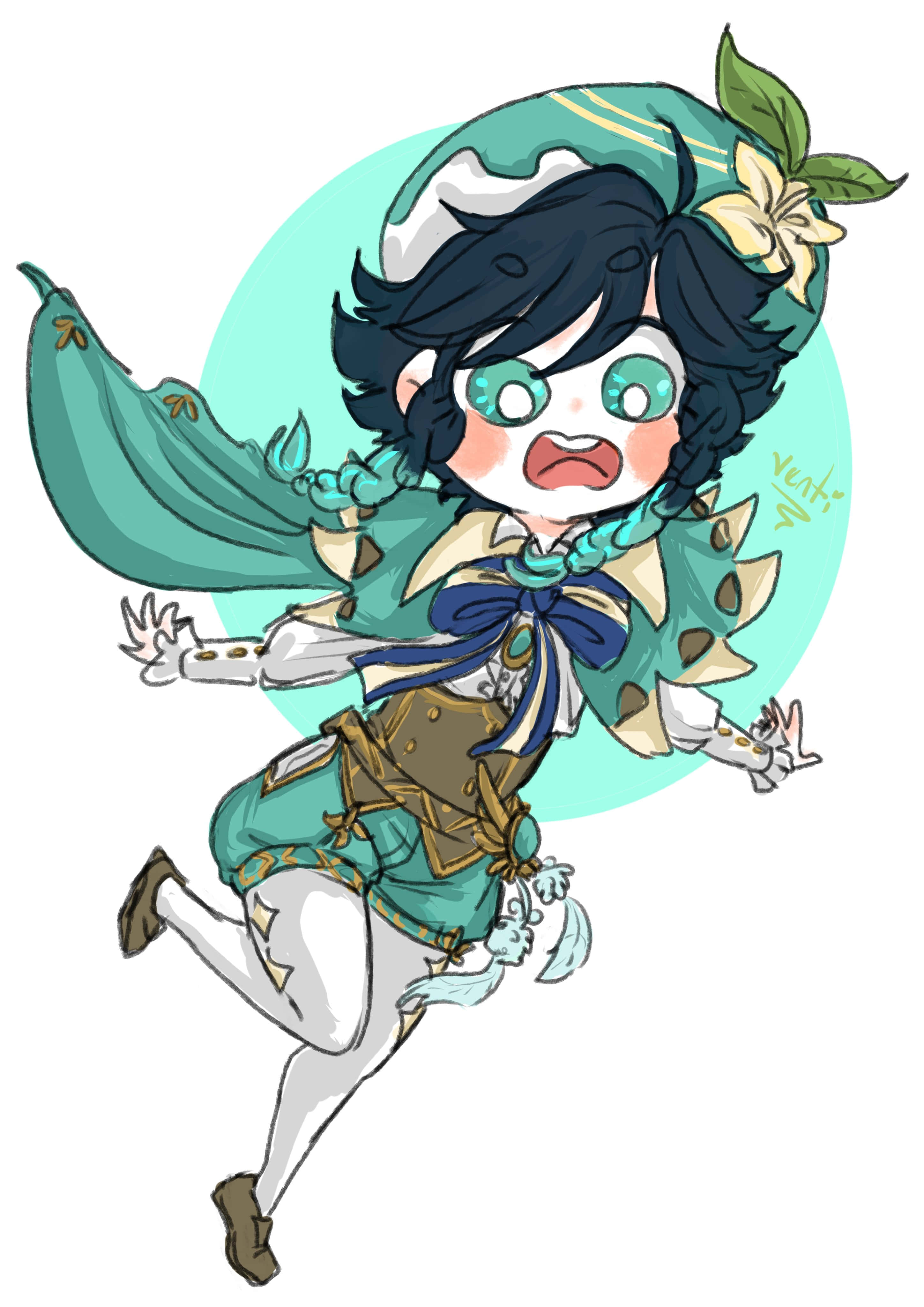 Venti, chibi-style anime girl, teal hair, 4K Phone Wallpaper