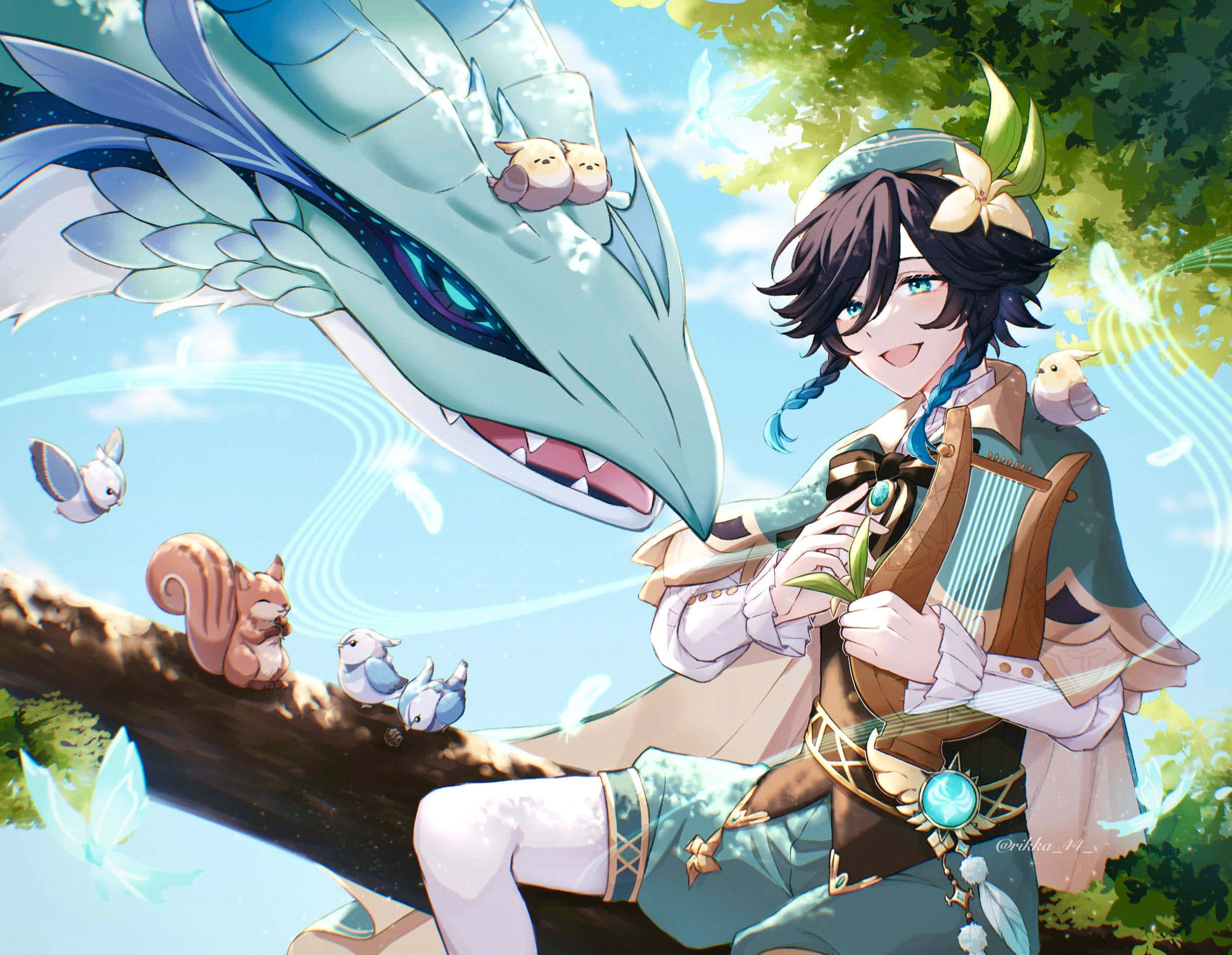 Venti, harp, tree branch, Full HD Desktop Wallpaper