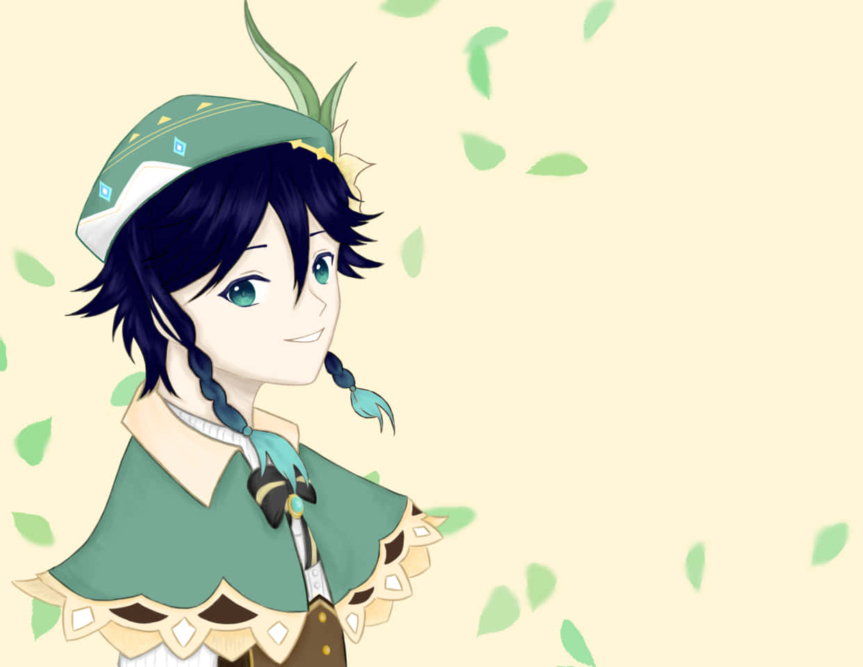 Venti, green leaves, dark hair, SD Desktop Wallpaper