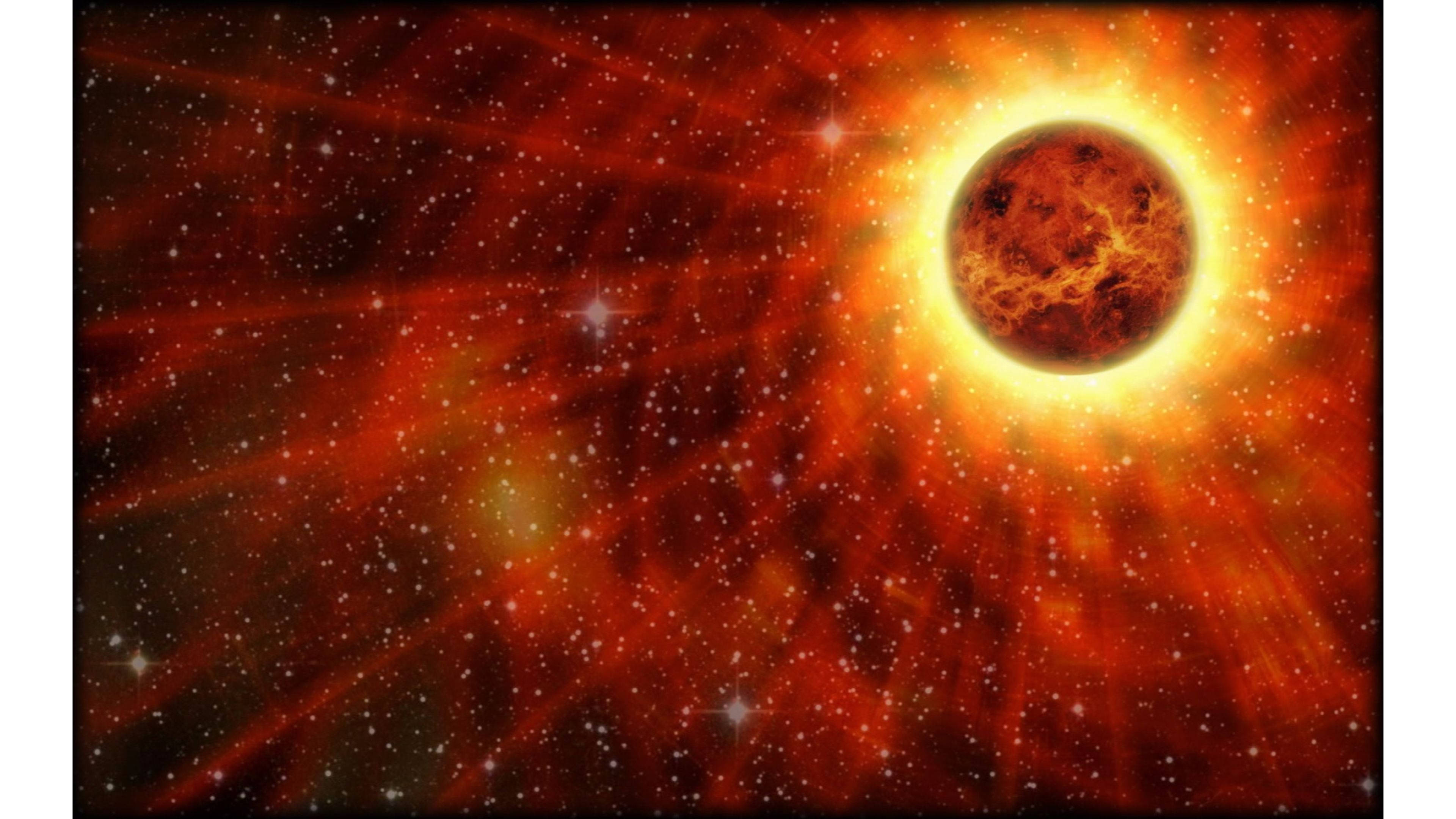 Venus, glowing solar corona, fiery red planet, 4K Desktop Wallpaper