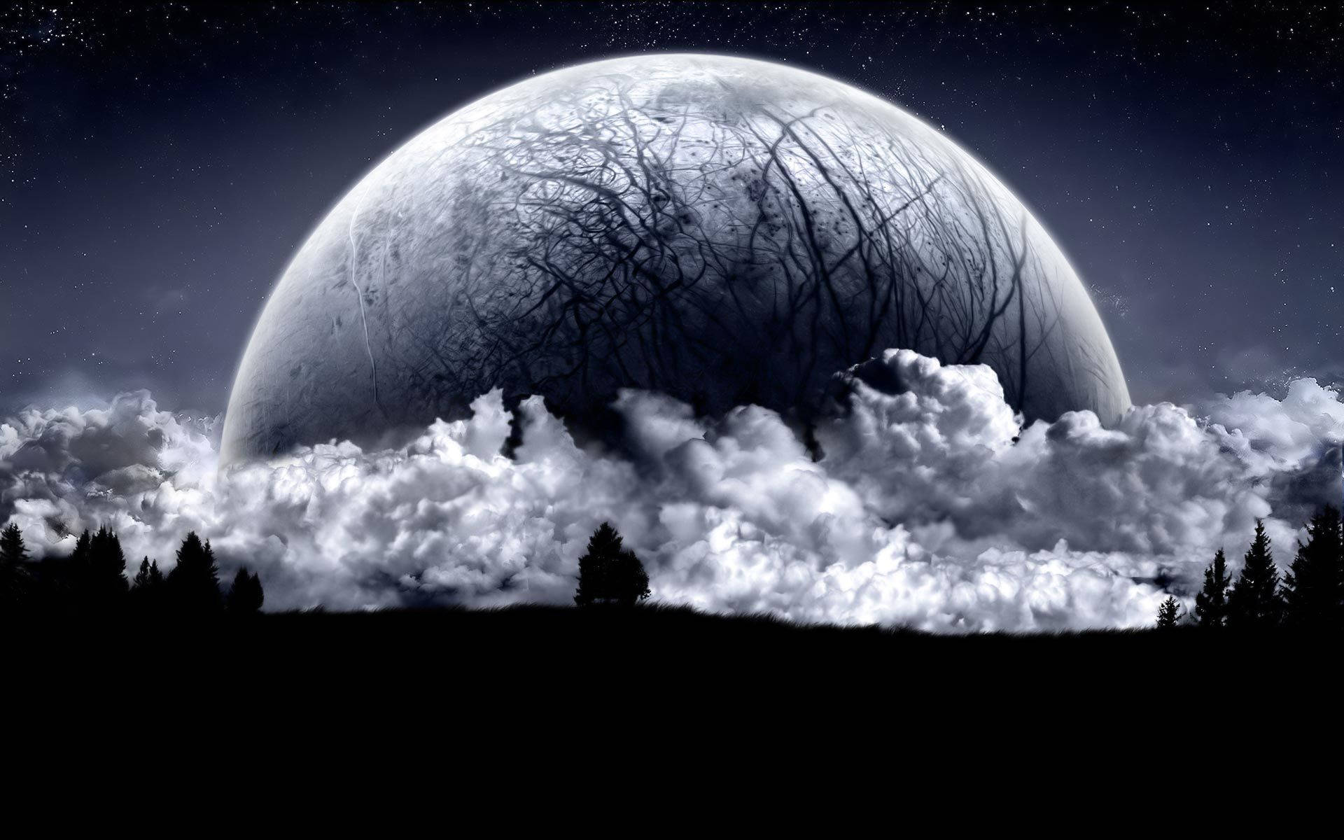 Venus, cracked moon, forest silhouette, Full HD Desktop Wallpaper