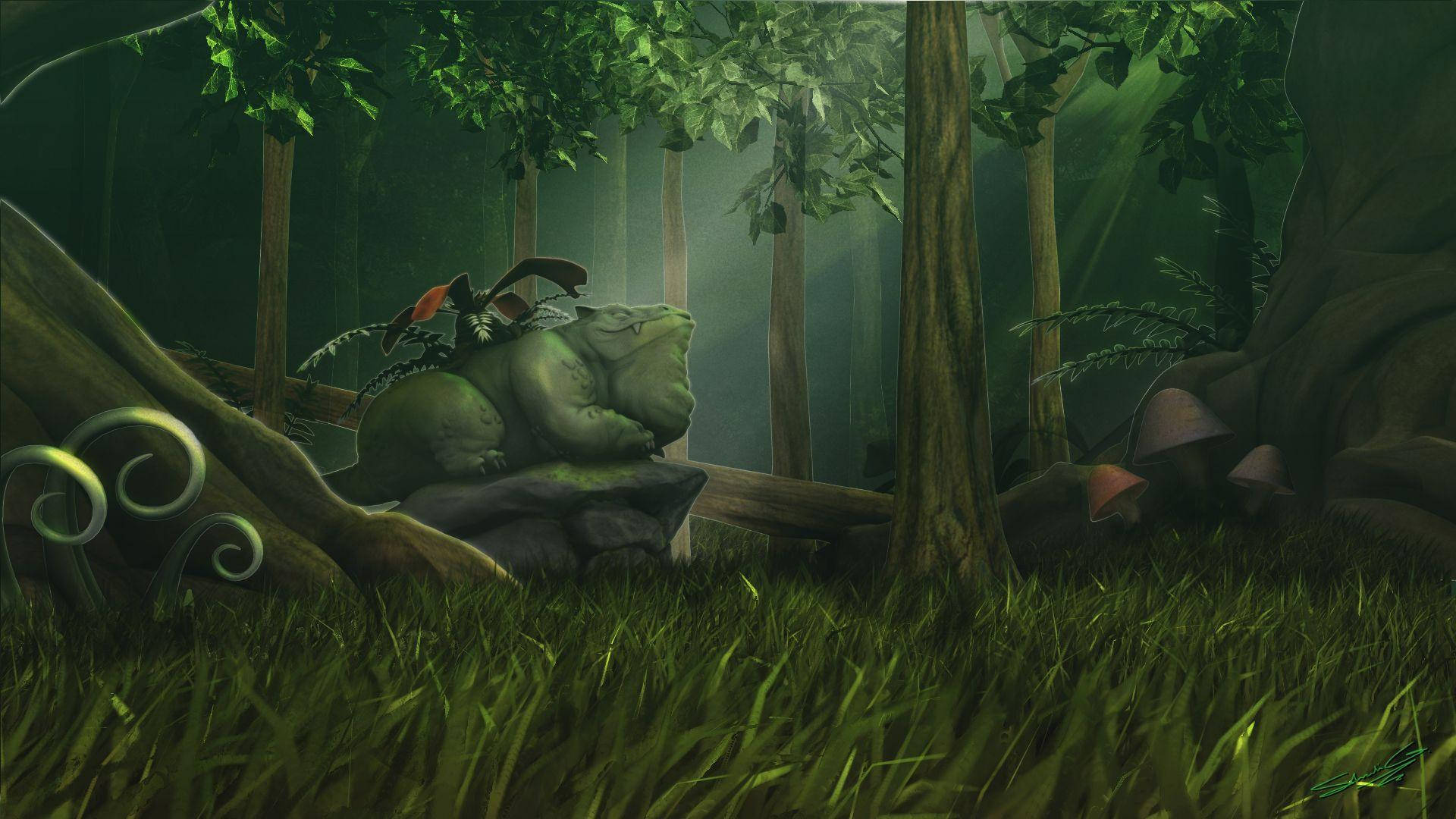 Venusaur, forest, mossy rock, Full HD Desktop Wallpaper