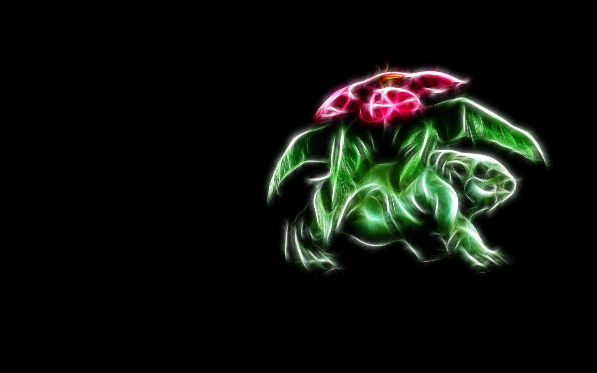 Venusaur, green lines, black background, Full HD Desktop Wallpaper