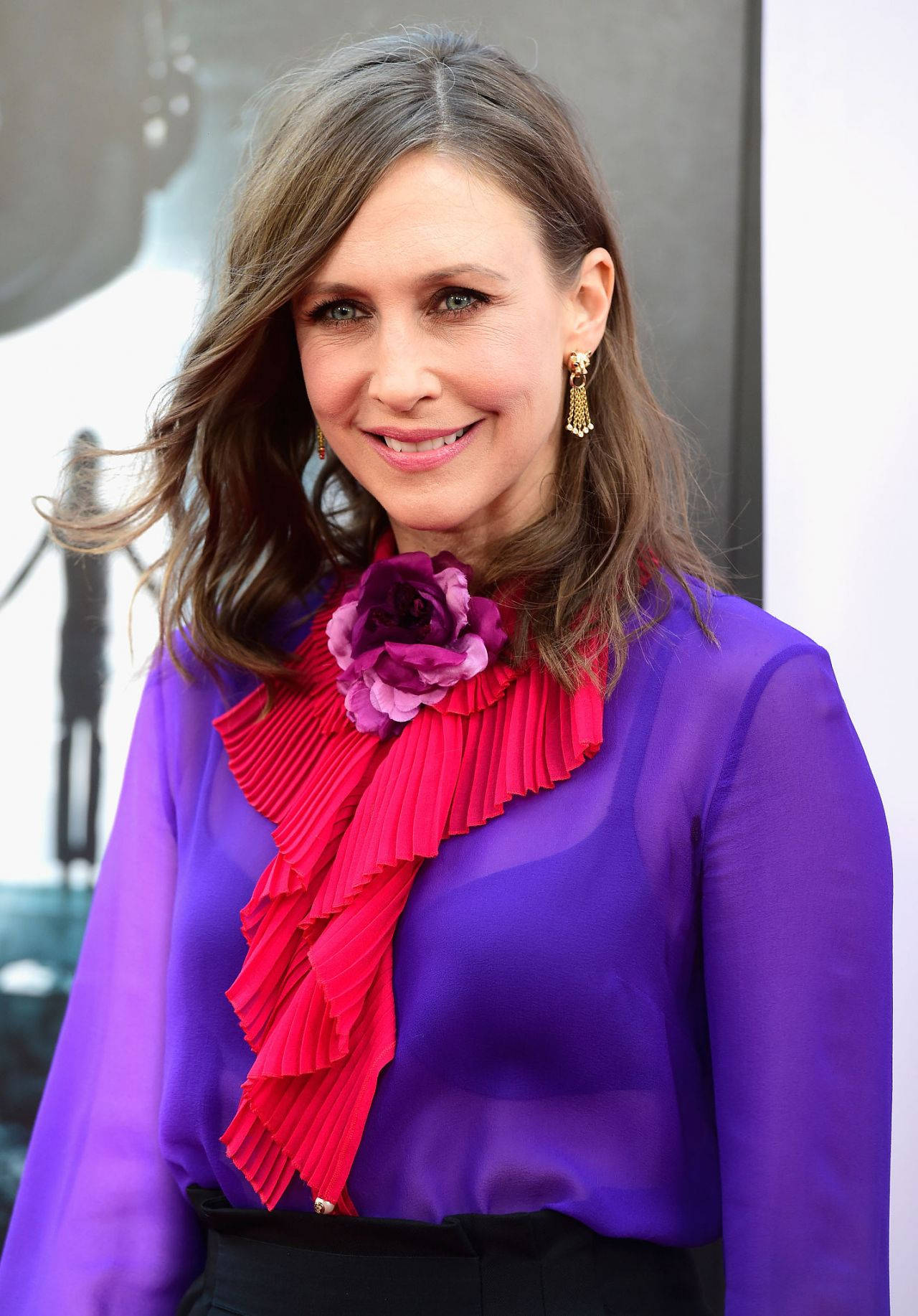 Vera Farmiga, vibrant purple blouse, bold pink ruffled collar, HD Phone Wallpaper