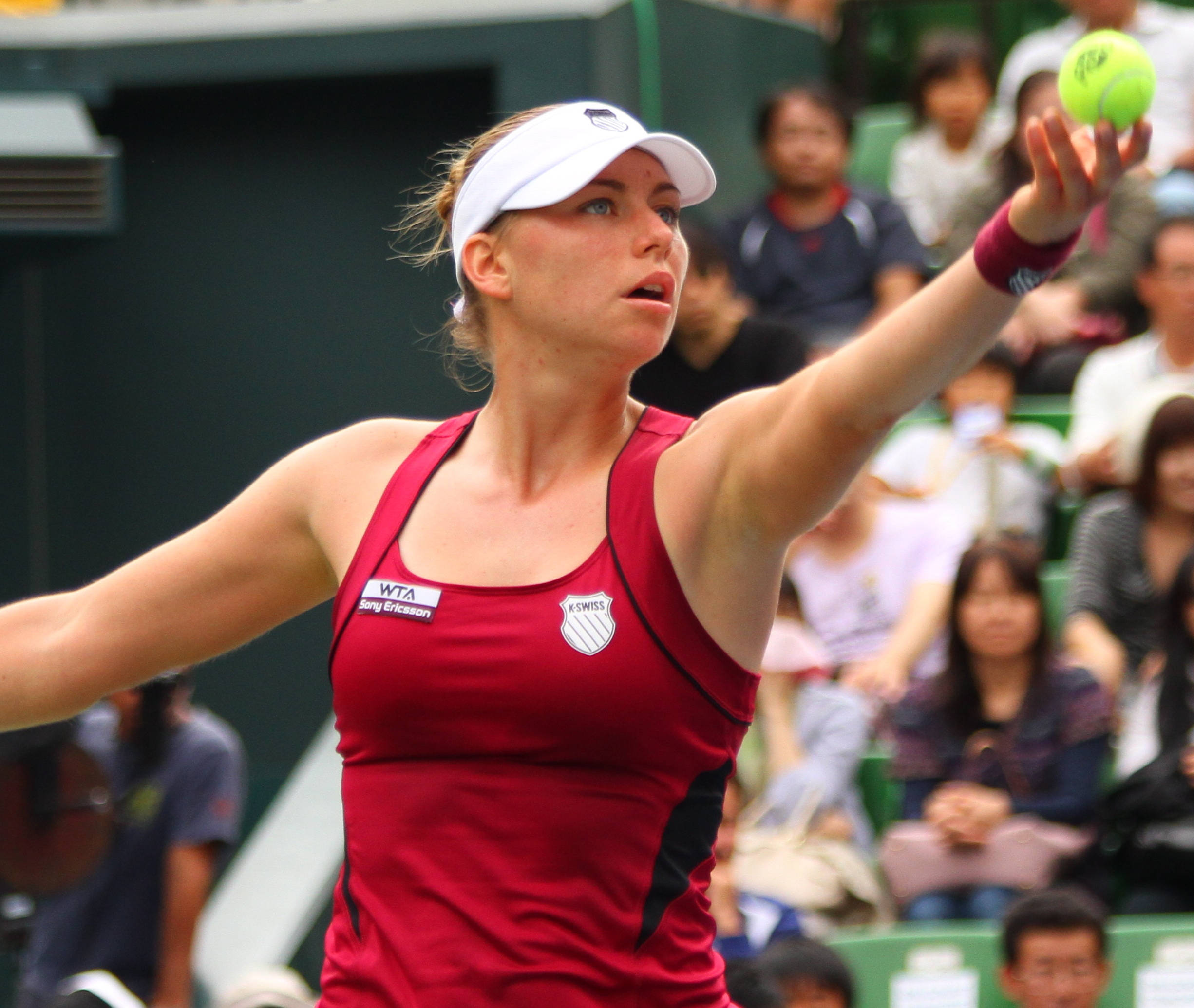Vera Zvonareva, red outfit, bright yellow ball, Full HD Desktop Wallpaper