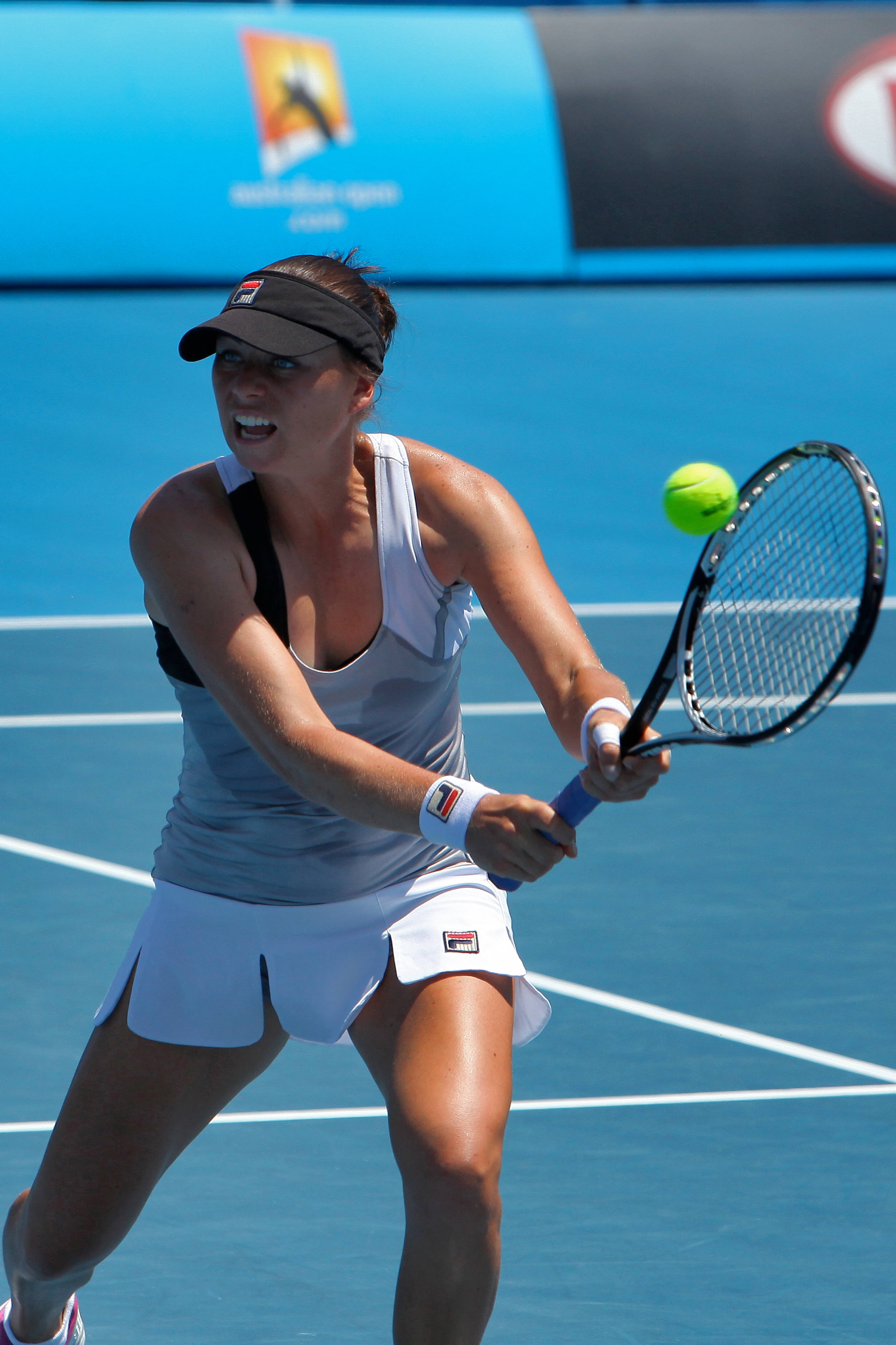 Vera Zvonareva, bright yellow ball, vivid blue court, 5K Phone Wallpaper