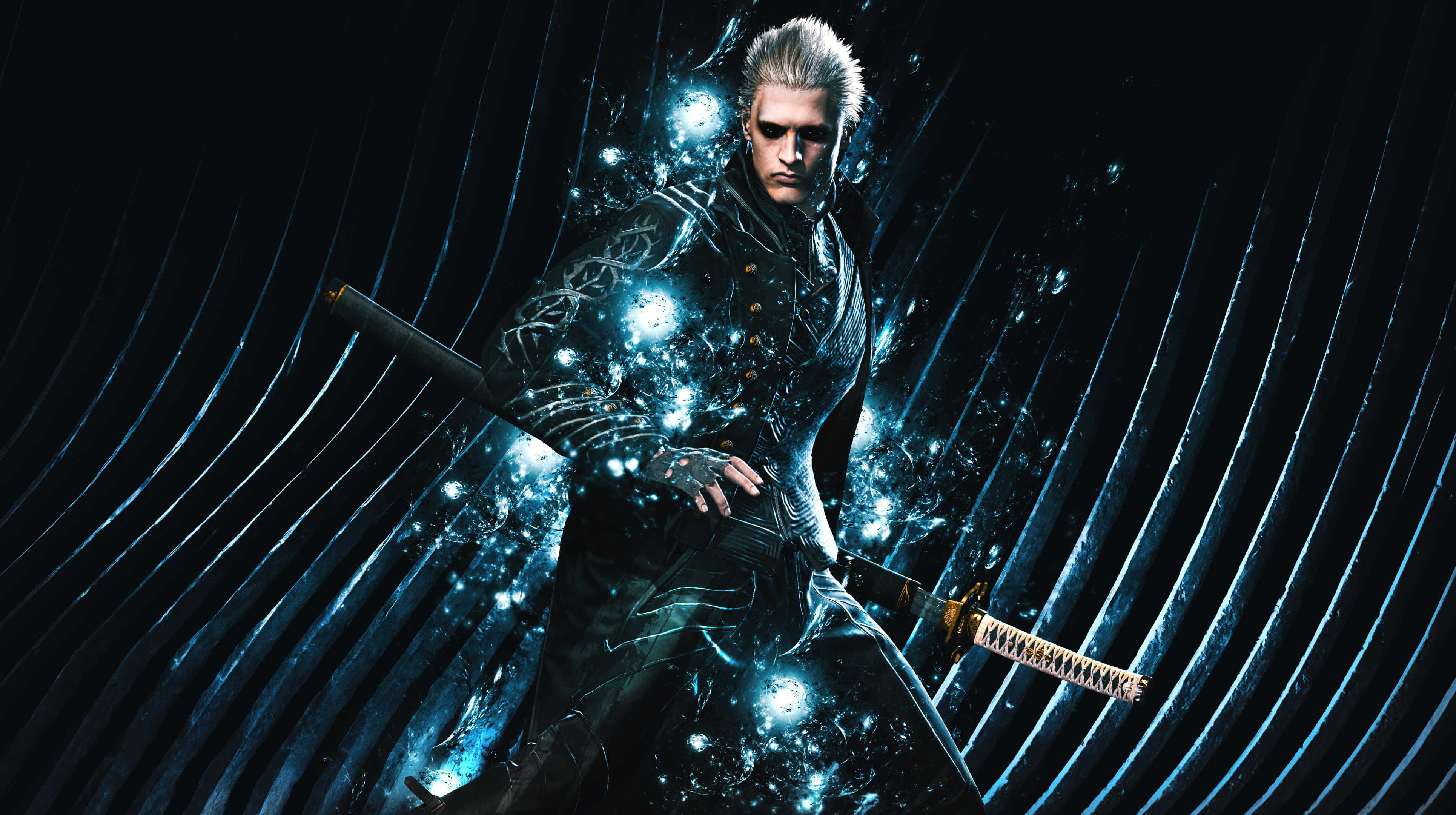 Vergil, silver-haired warrior, dark armor, 4K Desktop Wallpaper