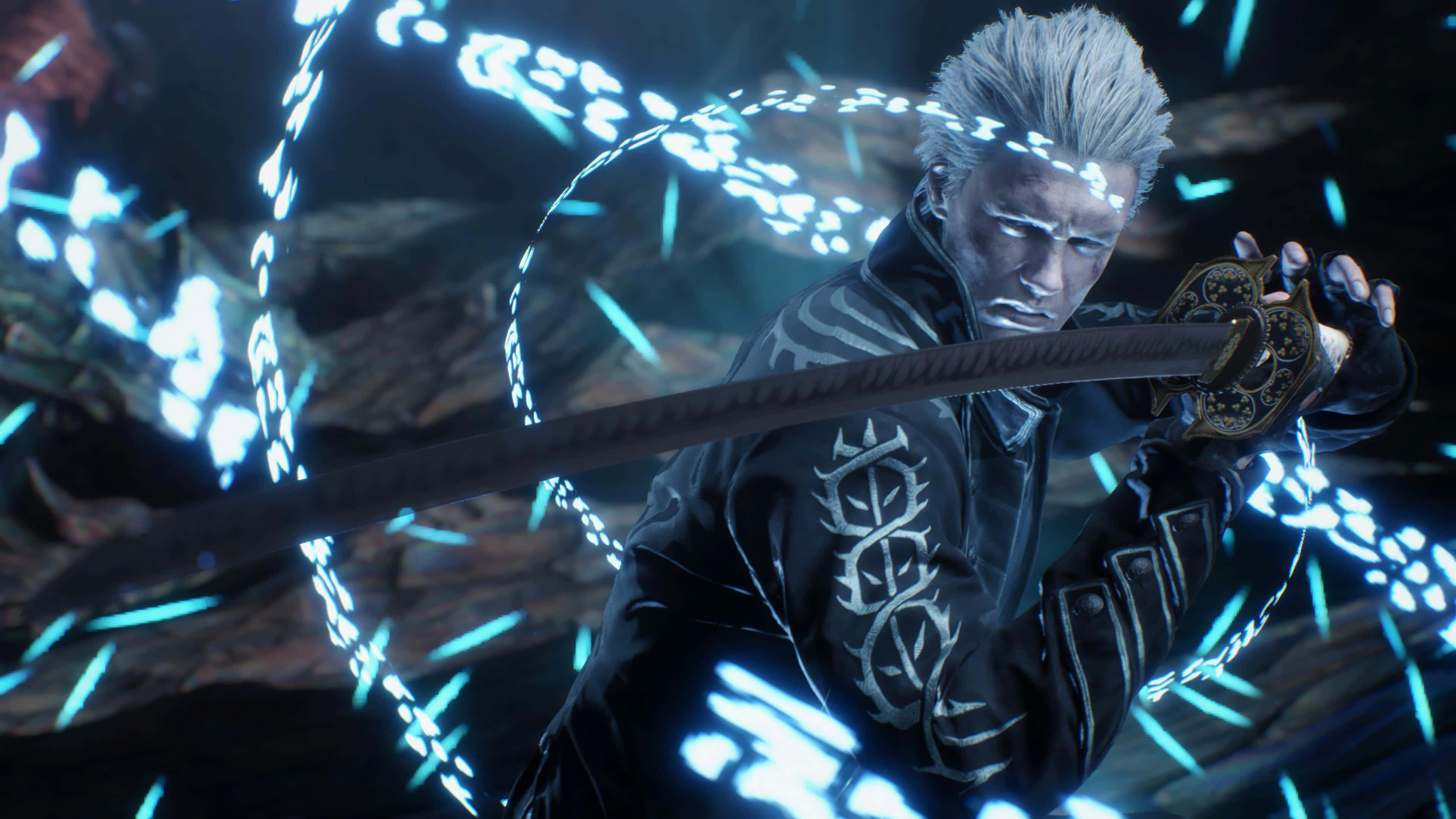 Vergil, glowing sword, swirling blue energy, 4K Desktop Wallpaper