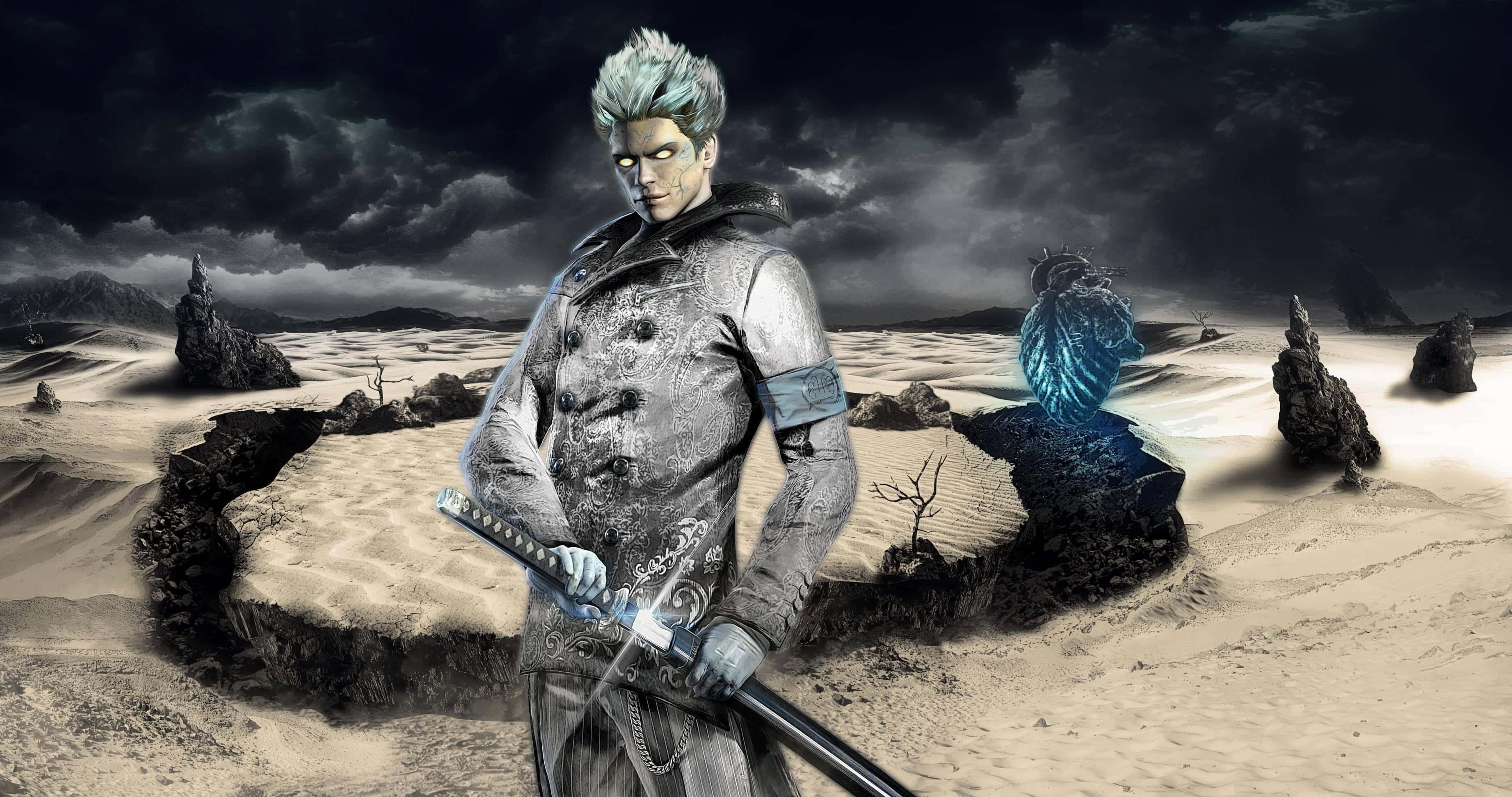 Vergil, spiky blue hair, katana, 2K Desktop Wallpaper