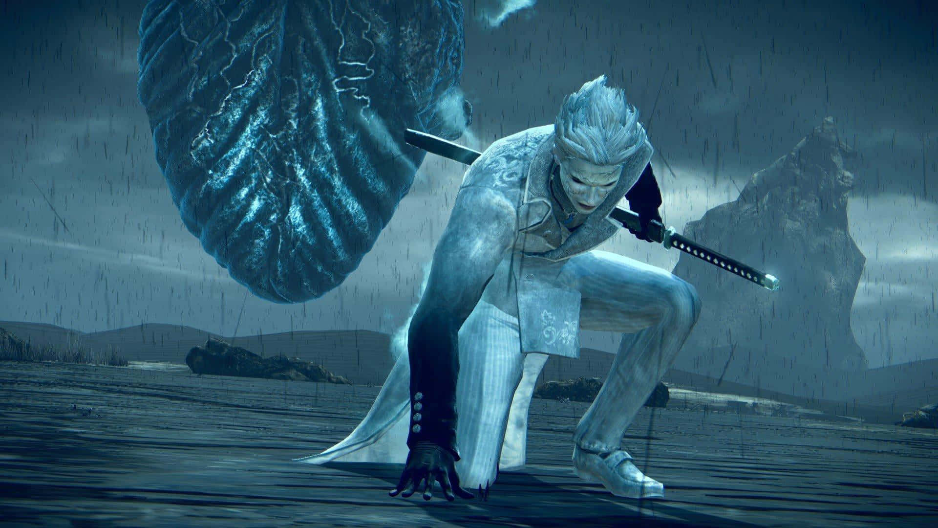 Vergil, silver-haired warrior, white armor, Full HD Desktop Wallpaper
