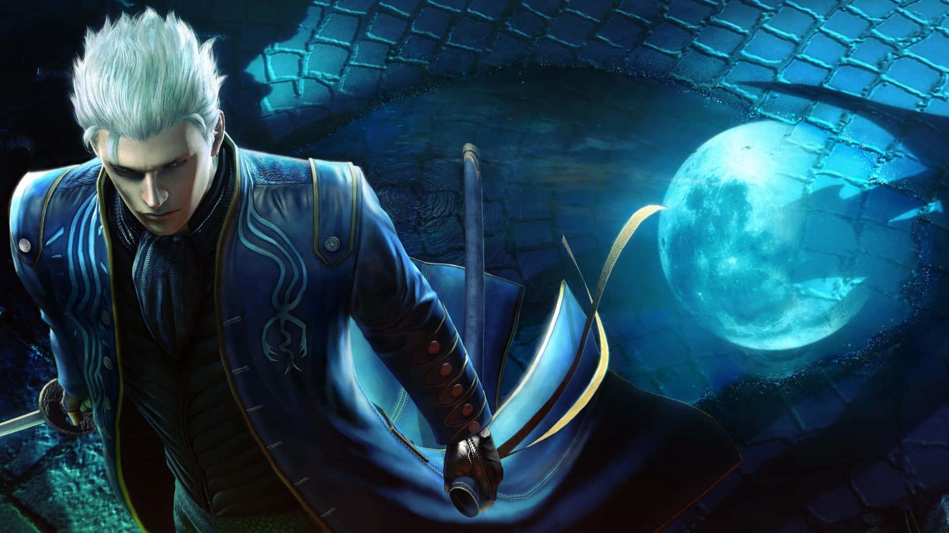 Vergil, silver-haired warrior, blue coat, Full HD Desktop Wallpaper
