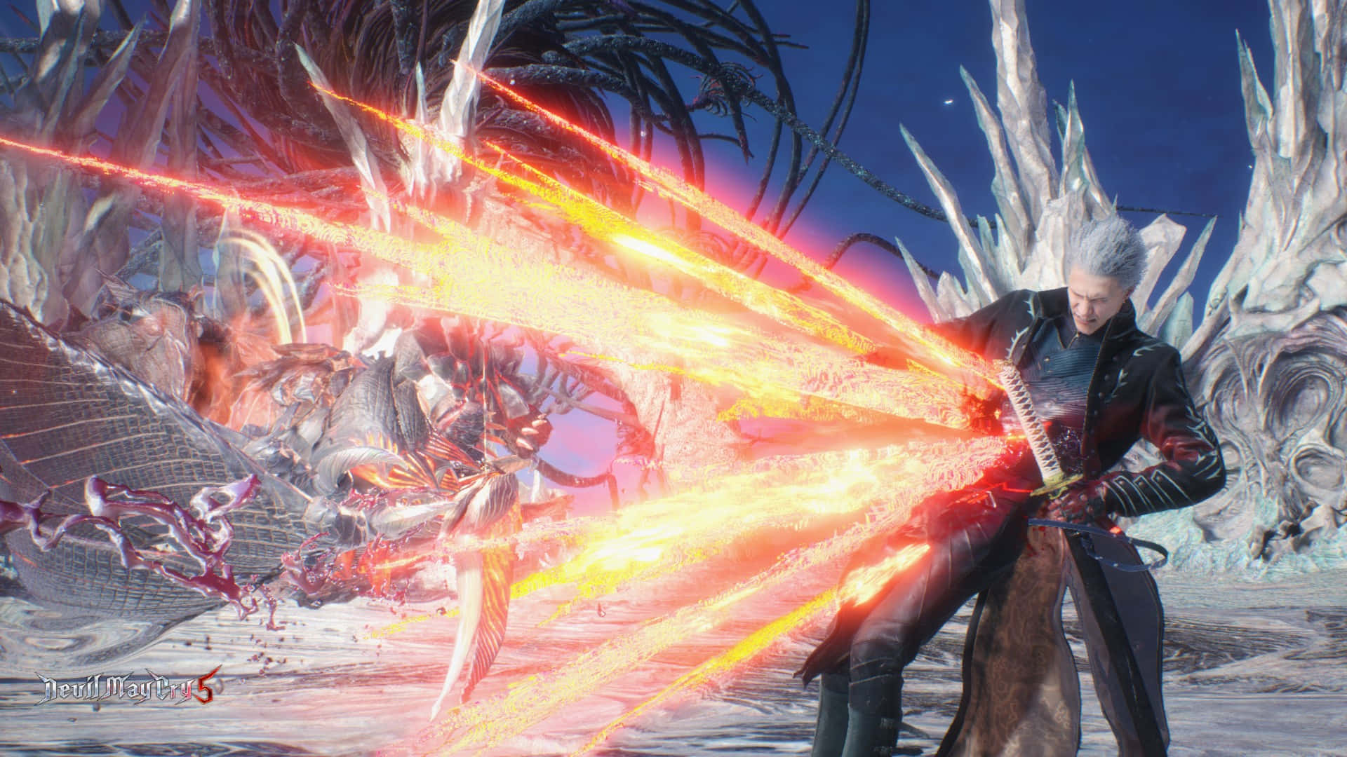 Vergil, flaming sword, crystalline icy battlefield, Full HD Desktop Wallpaper