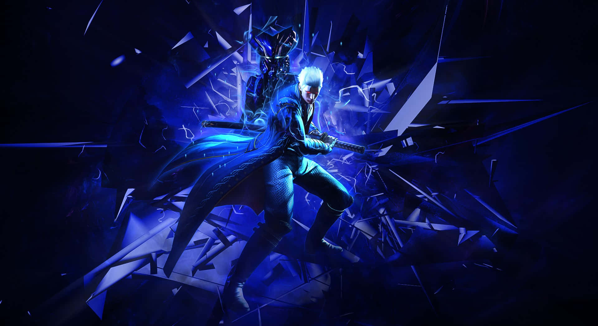 Vergil, blue-lit, white hair, Full HD Desktop Wallpaper