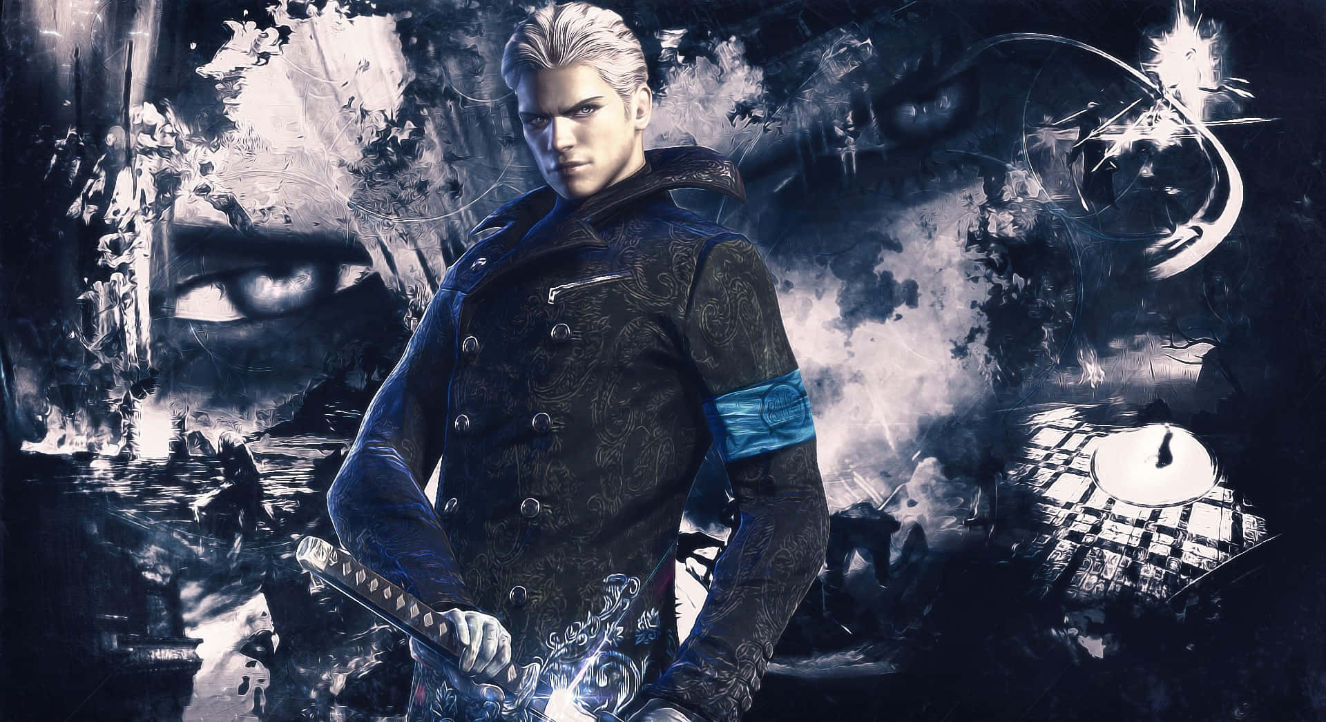 Vergil, silver hair, ornate coat, Full HD Desktop Wallpaper