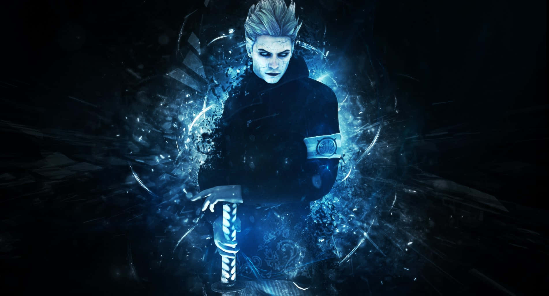 Vergil, blue energy aura, pale-haired figure, HD Desktop Wallpaper