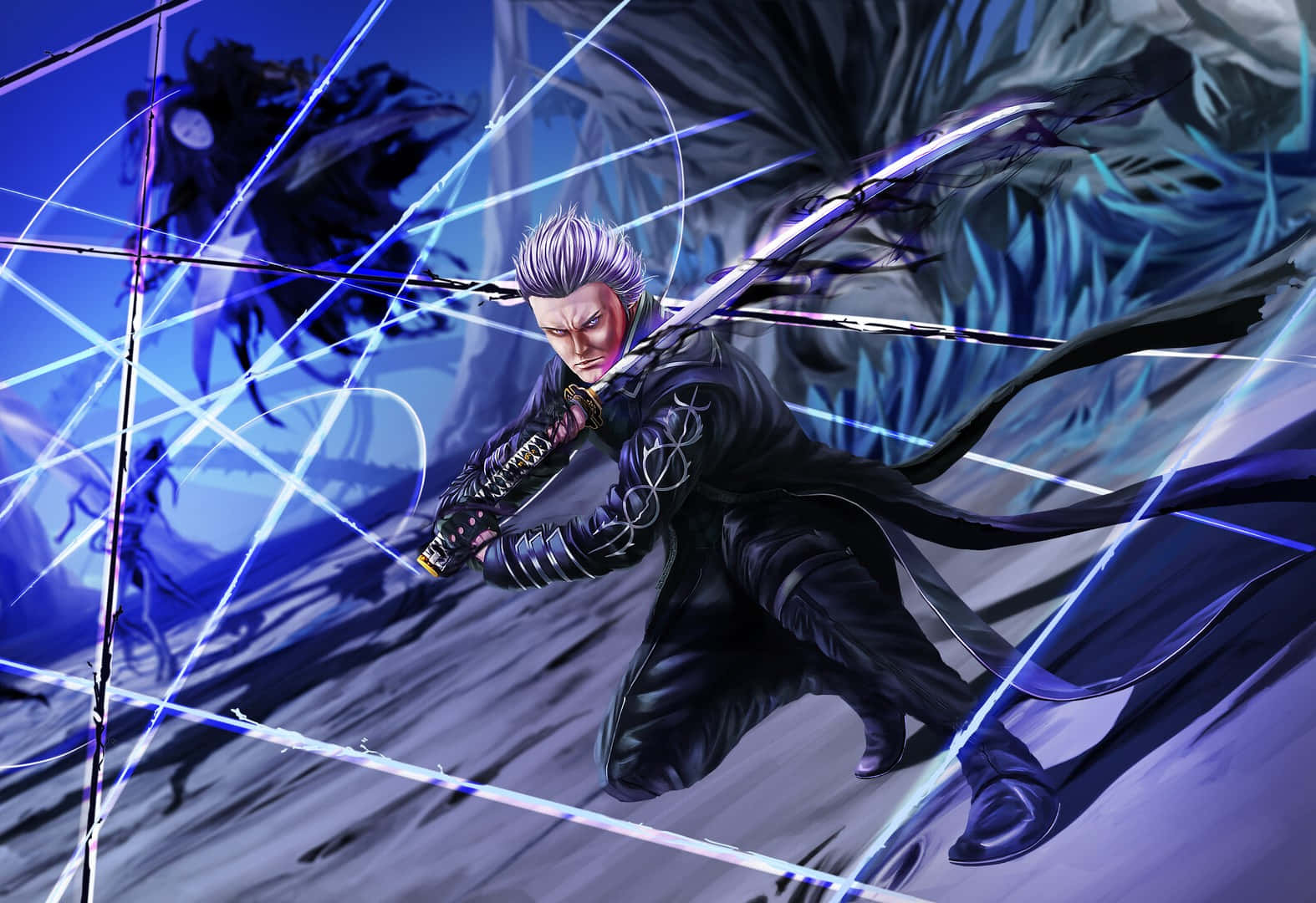 Vergil, swordmaster, silver-haired anime warrior, HD Desktop Wallpaper