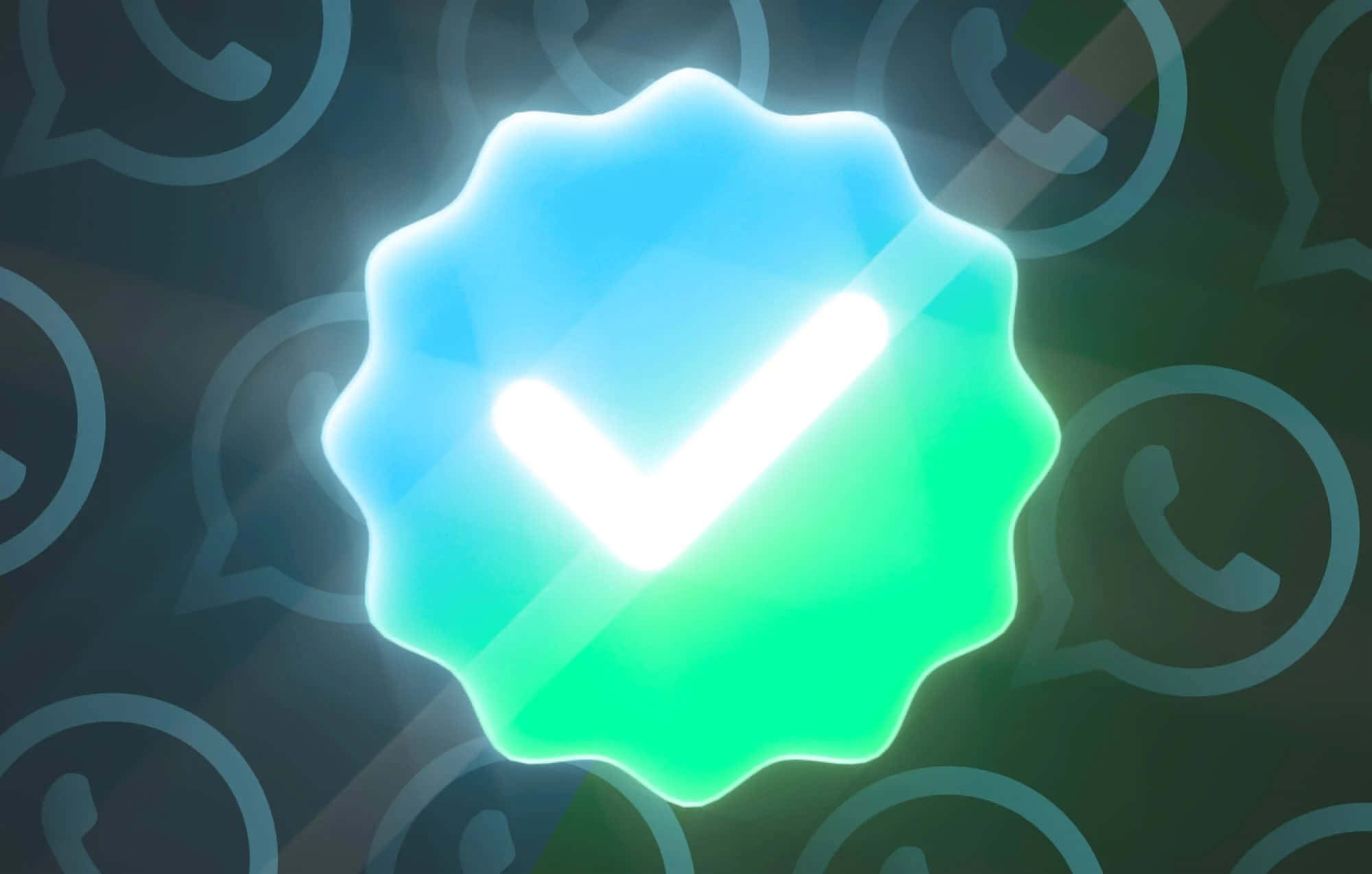 glowing blue and green checkmark icon, dark background, faded WhatsApp logos, Full HD Desktop Wallpaper