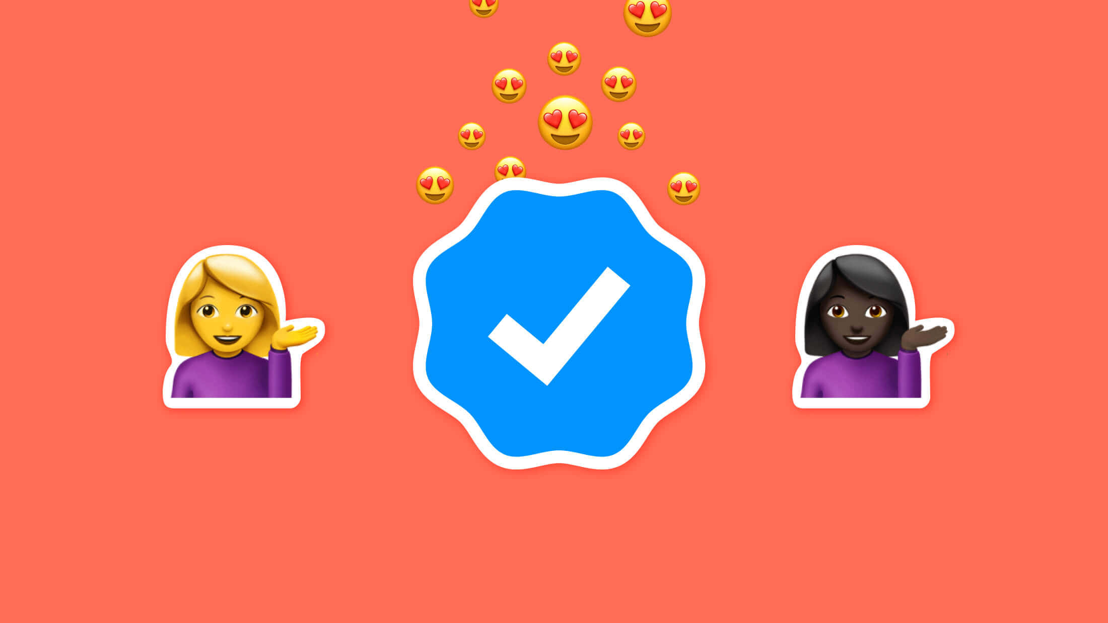blue checkmark badge, heart-eyed emojis, coral background, Full HD Desktop Wallpaper