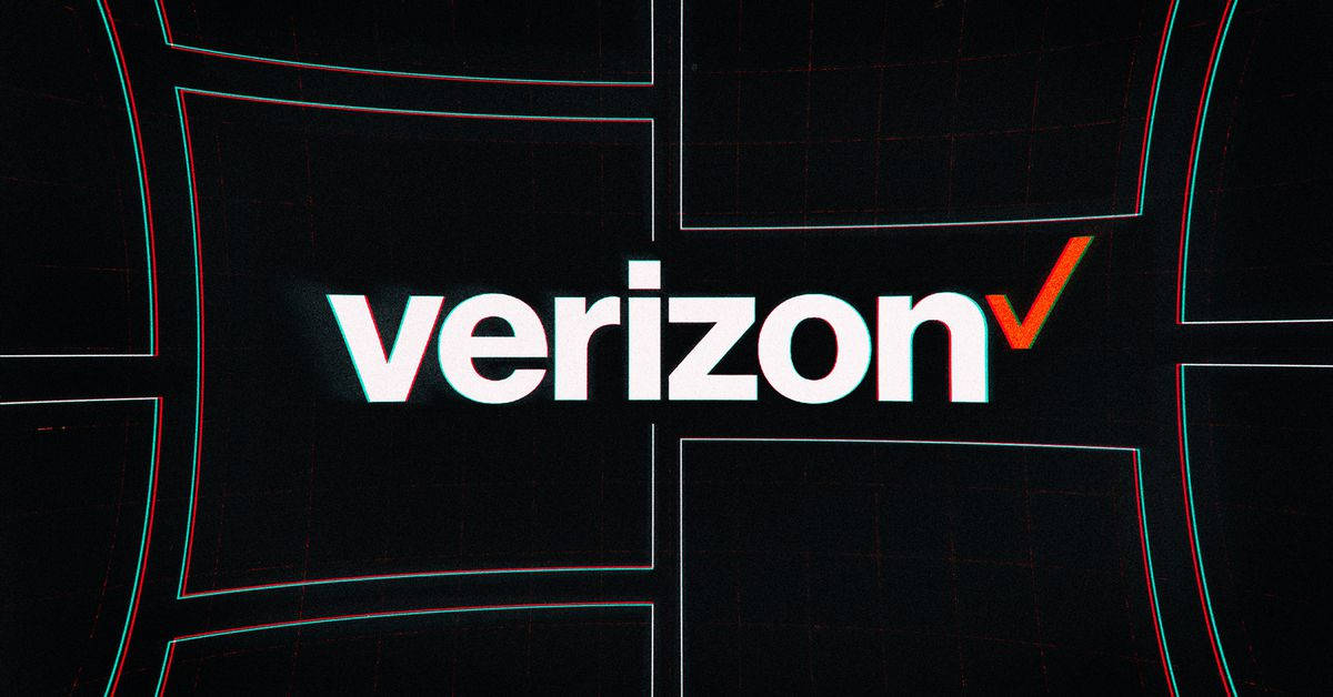 Verizon logo, glitching red and cyan lines, dark grid background, SD Desktop Wallpaper