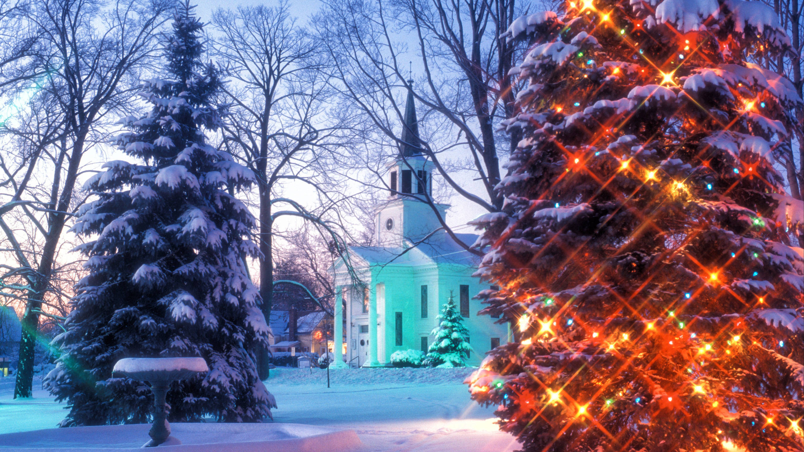 Vermont, church, Christmas, 2K Desktop Wallpaper