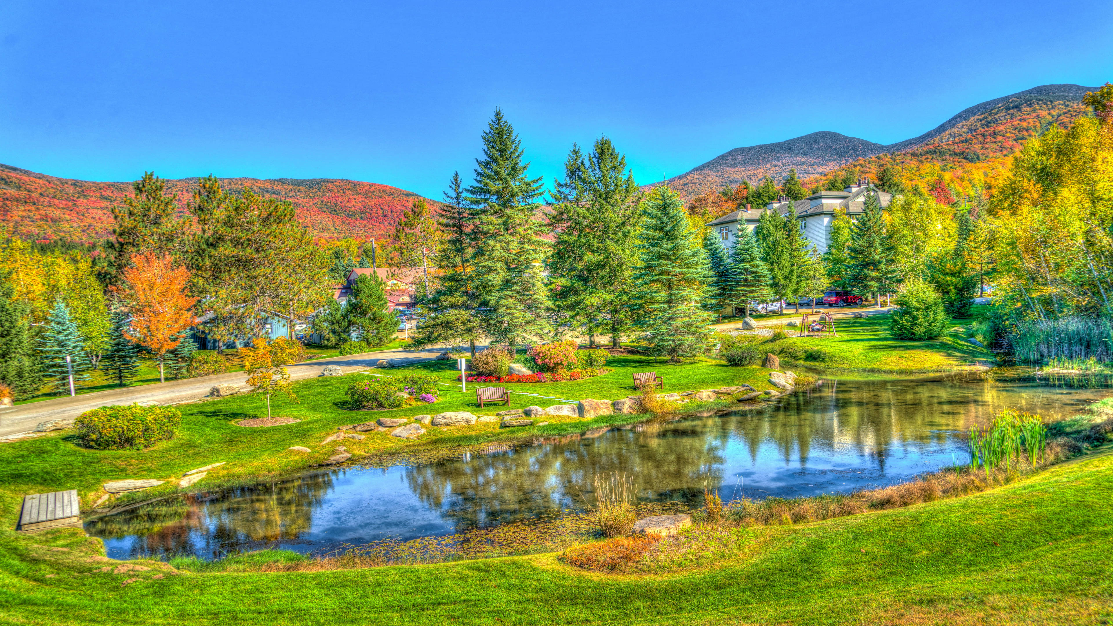 Vermont, autumn landscape, calm pond, 4K Desktop Wallpaper