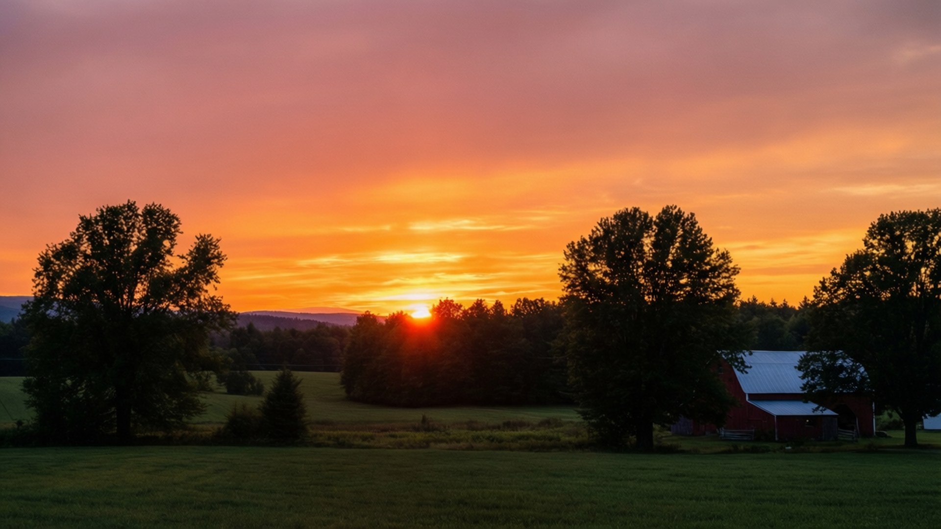 Vermont, sunset, red barn, Full HD Desktop Wallpaper