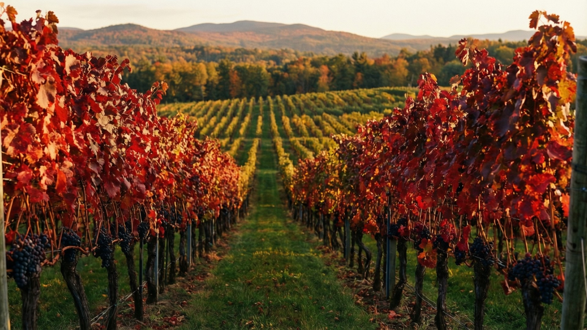 Vermont, autumn vineyard, fiery red leaves, Full HD Desktop Wallpaper